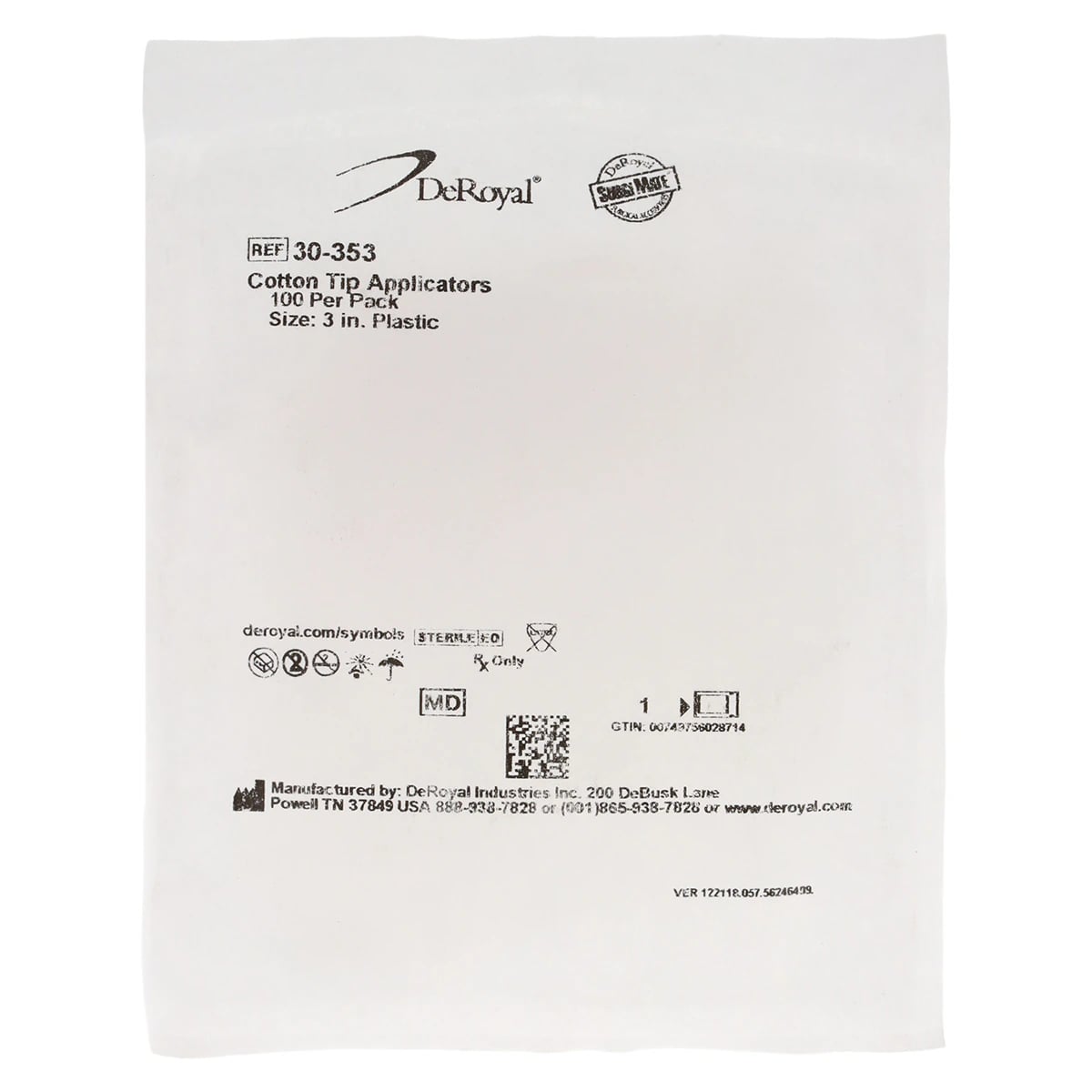 DeRoyal Sterile Cotton-Tipped Applicators, Plastic Shaft, Standard Tip, 3 in, 100/Pkg