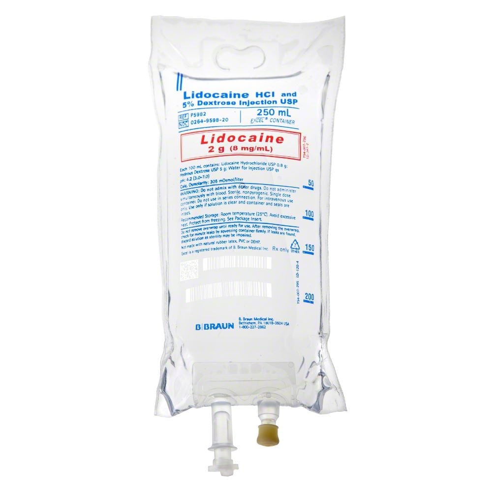 Lidocaine HCl 0.8% in 5% Dextrose Injection, 2g/250mL Bag, 24/Package