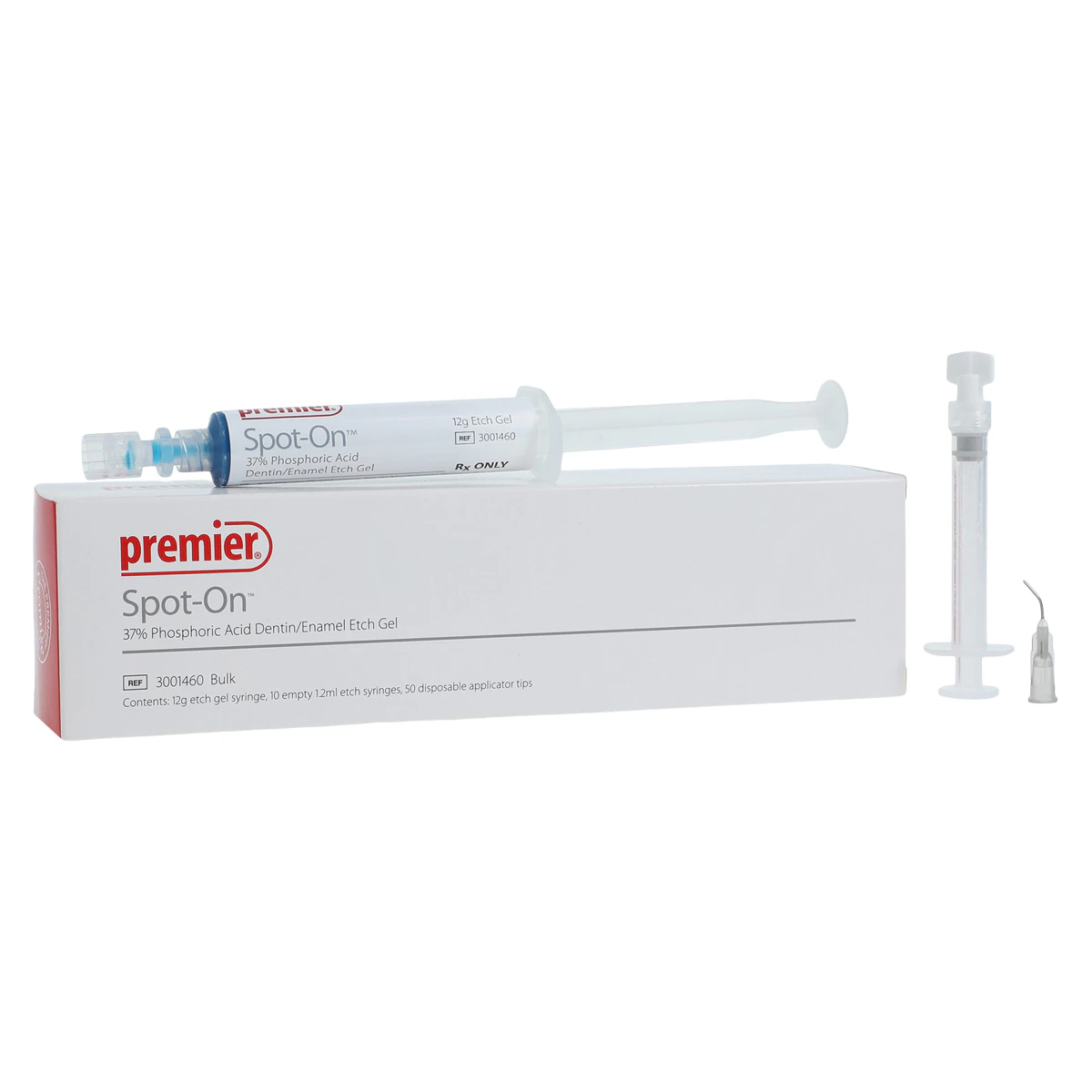 Spot-On Etch 37% Phosphoric Acid Etching Gel Bulk Kit, 12 g Syringe with 10 Empty 1.2 ml Syringes and 50 Applicator Tips, 3001460