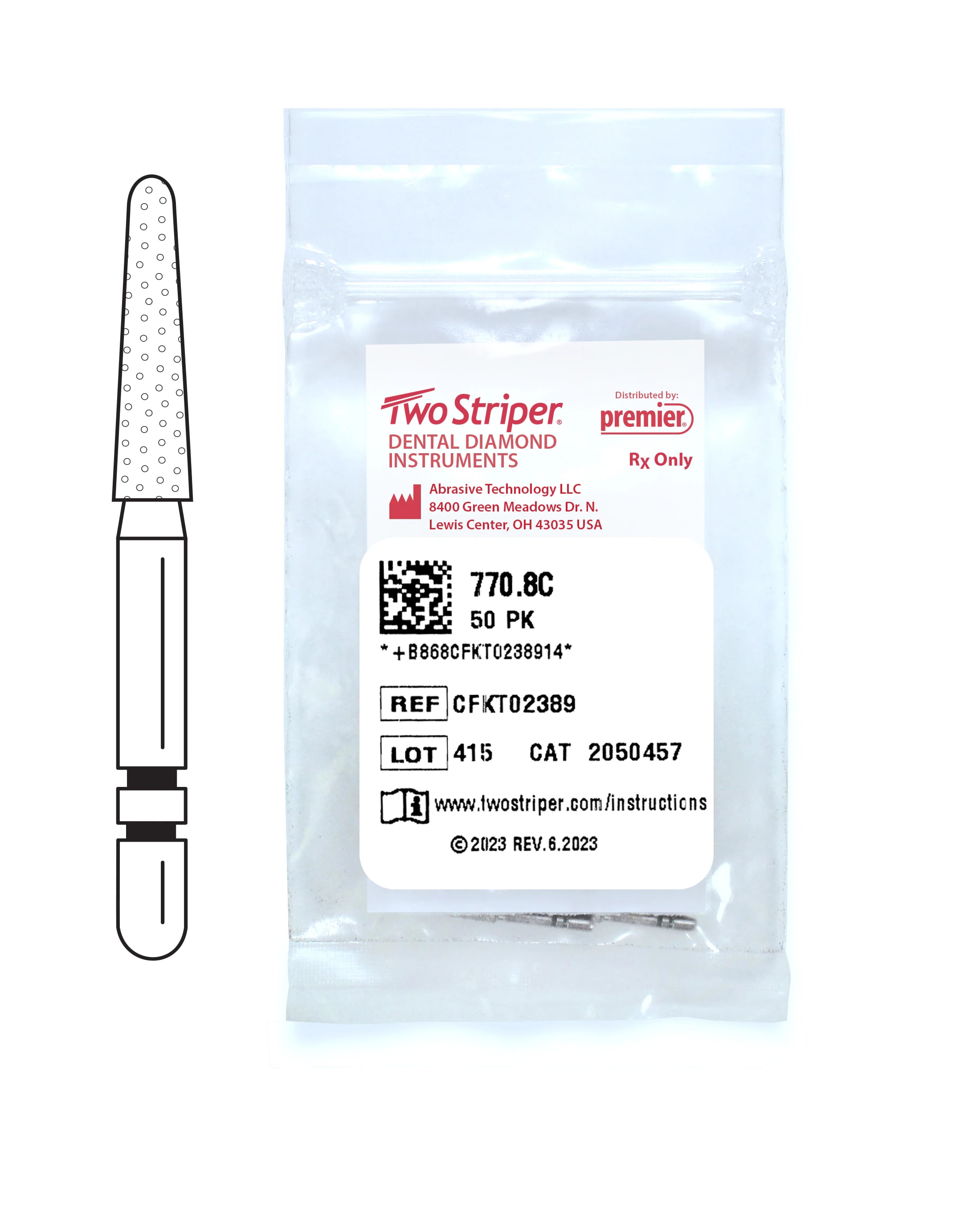 Two Striper Diamond Bur FG, Coarse, Round End Taper, #770.8C, 1.8 mm Major/1.3 mm Minor Diameter, 8.0 mm Length, 50/Pkg, 2050457