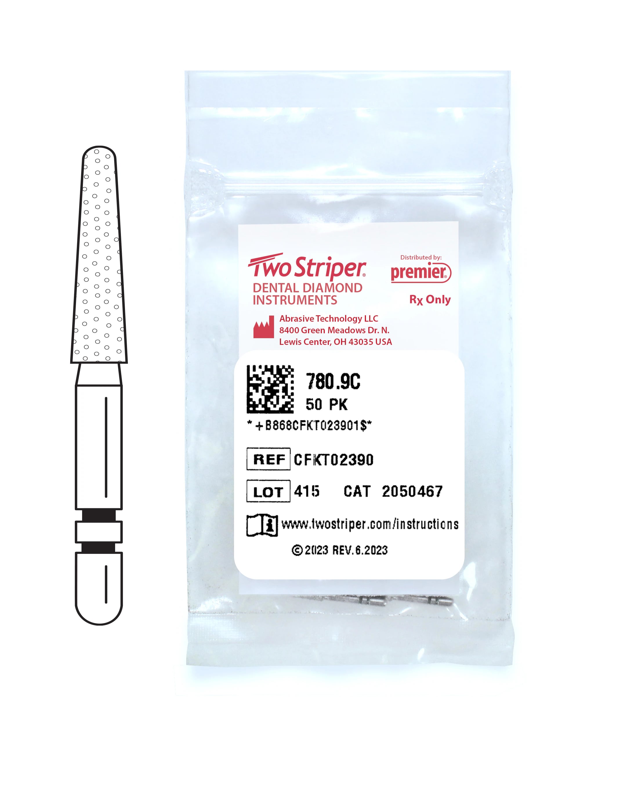 Two Striper Diamond Bur FG, Coarse, Taper Round End, #780.9C, 2.1 mm Major/1.4 mm Minor Diameter, 9.0 mm Length, 50/Pkg, 2050467