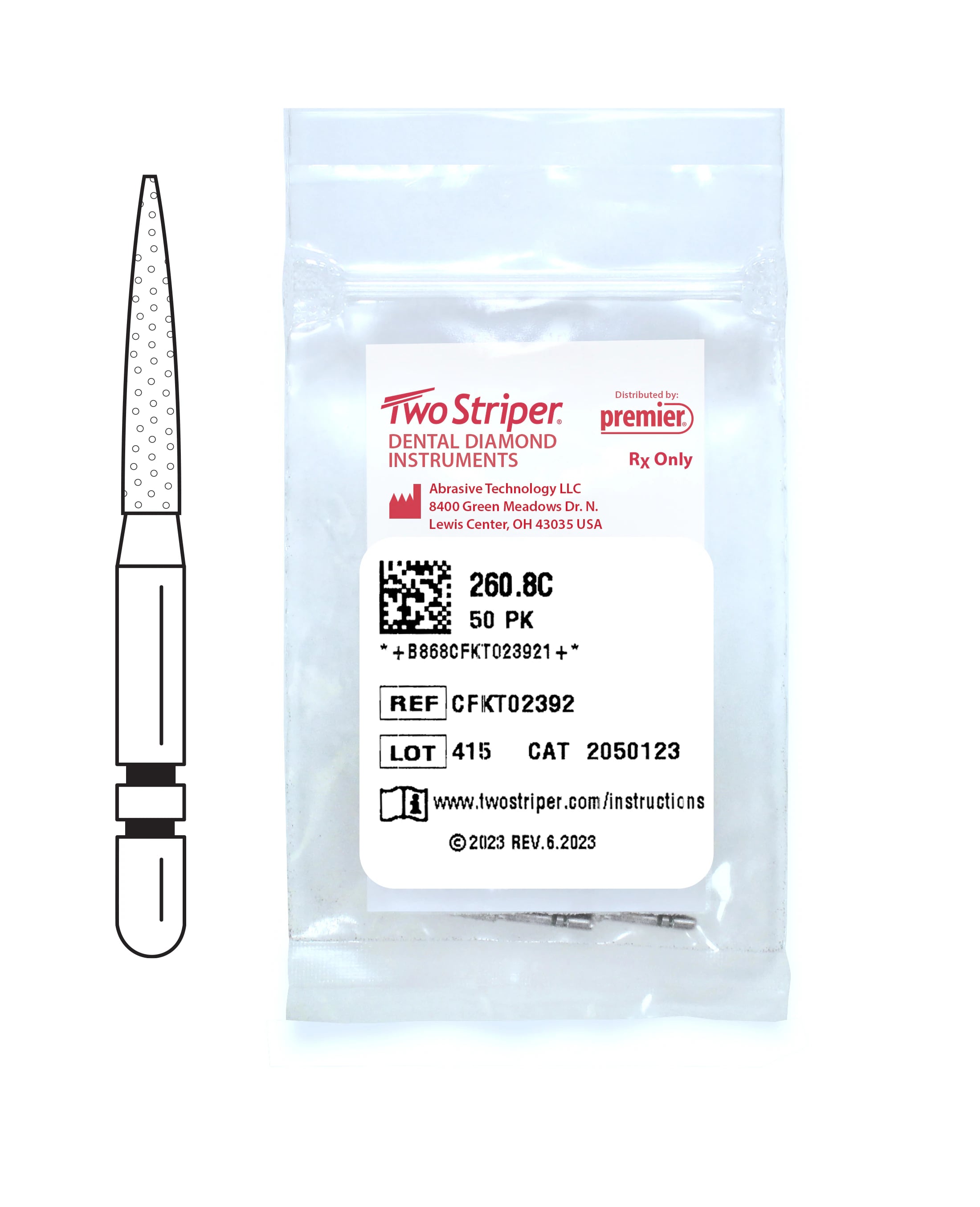 Two Striper® Diamond Bur FG, Coarse, Green, Flame #260.8C, 1.4 mm Major/0.4 mm Minor Diameter, 8.0 mm Length, 50/Pkg, 2050123