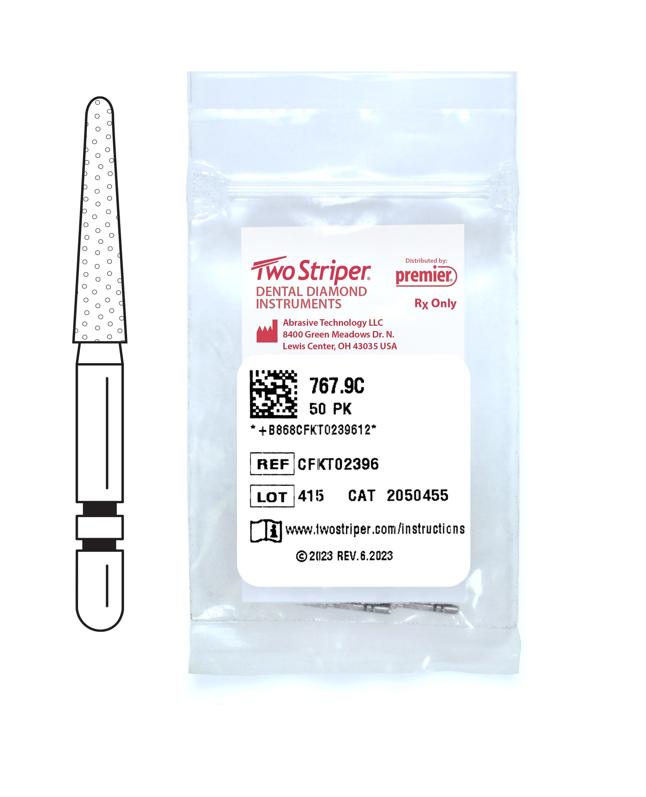 Two Striper Diamond Bur FG, Coarse, Taper Round End, #767.9C, 1.8 mm Major/0.9 mm Minor Diameter, 9.0 mm Length, 50/Pkg, 2050455