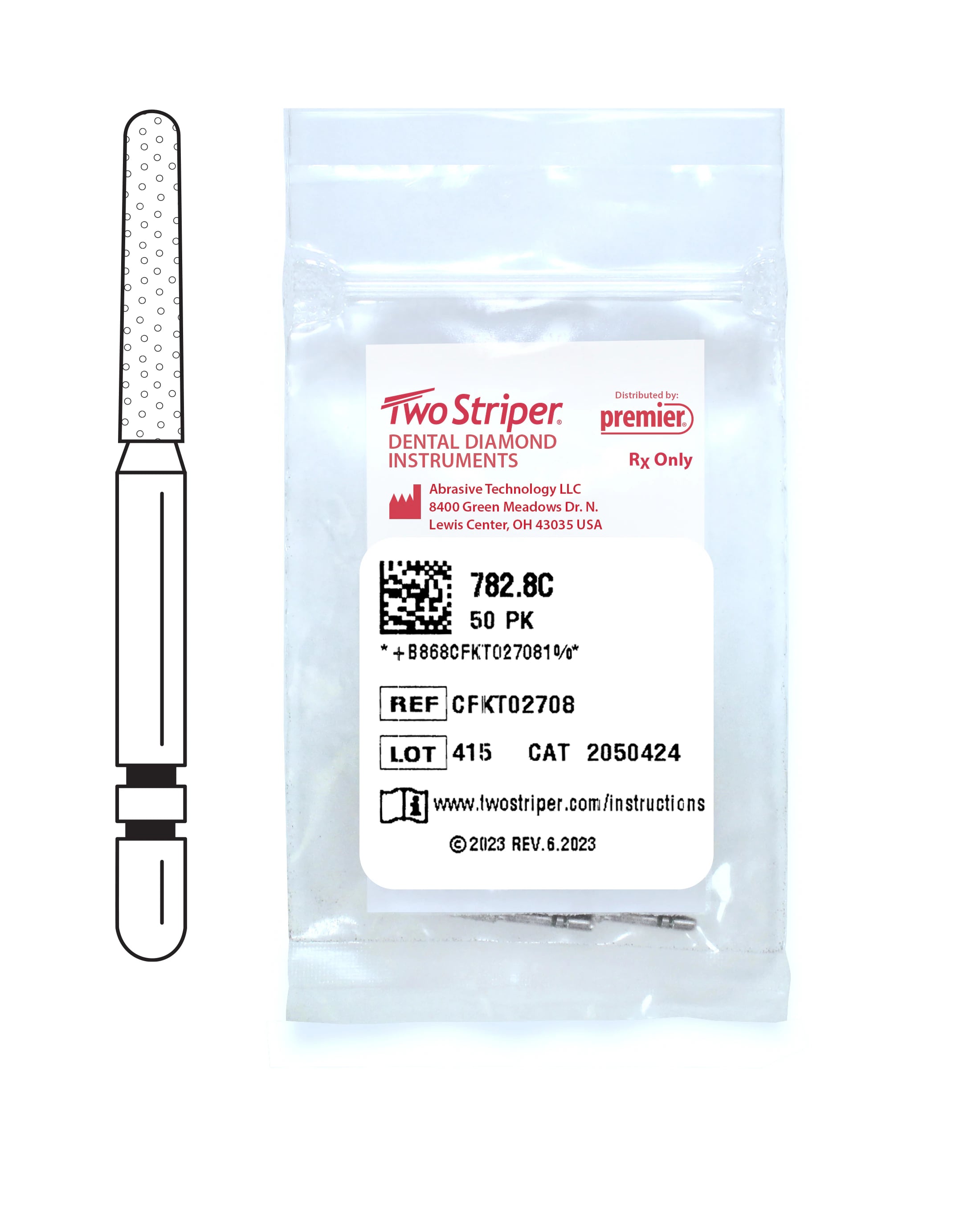 Two Striper Diamond Bur FG, Coarse, Round End Taper, #782.8C, 1.5 mm Major/1.1 mm Minor Diameter, 8.0 mm Length, 50/Pkg, 2050424