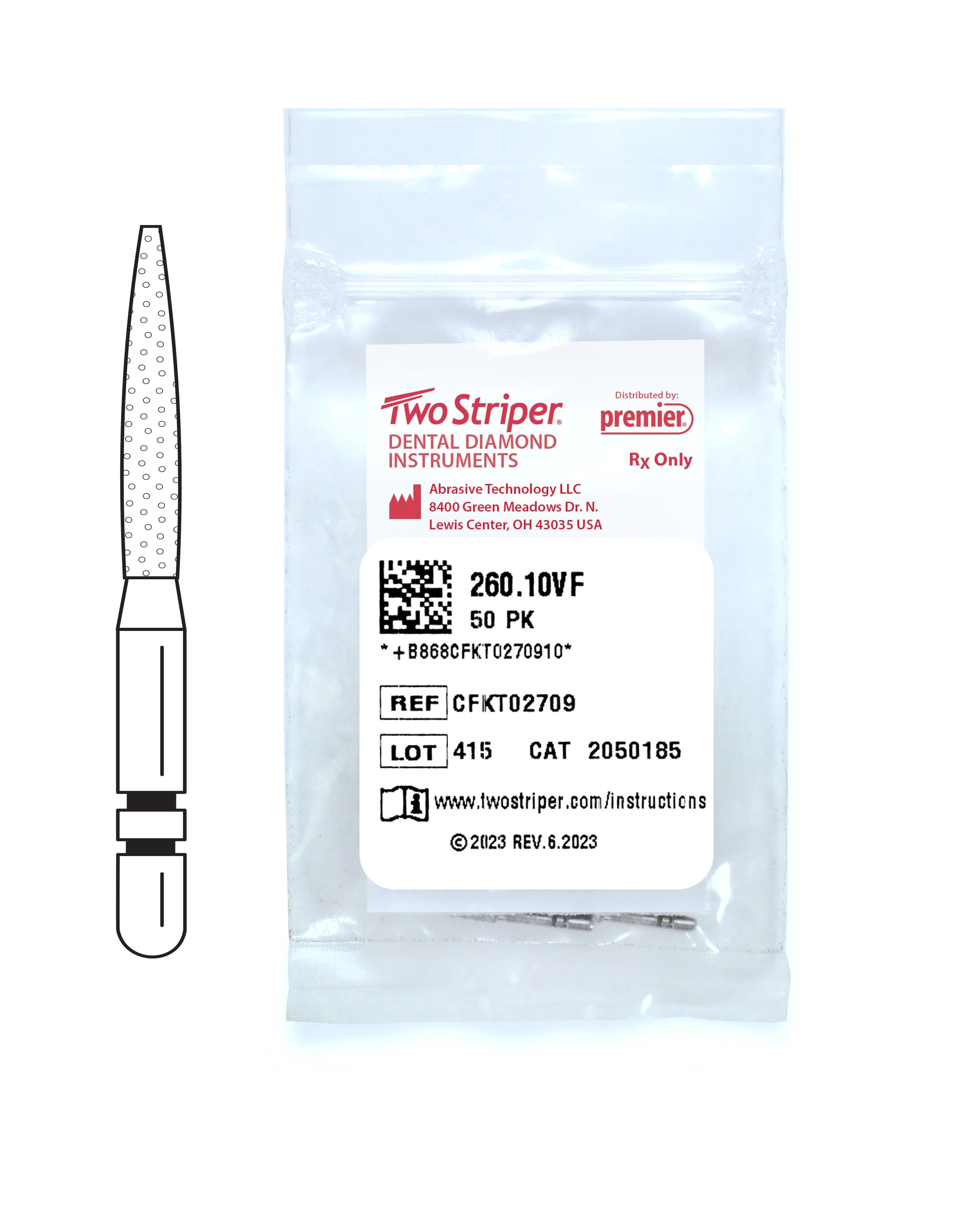 Two Striper® Diamond Bur FG, Very Fine, Flame #260, 1.4 mm Major/0.5 mm Minor Diameter, 10.0 mm Length, 50/Pkg, 2050185