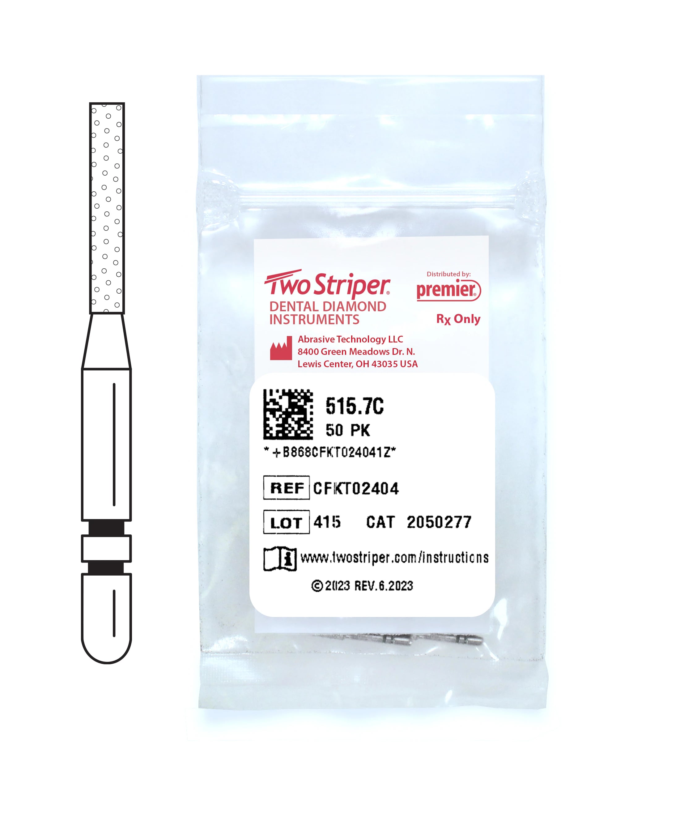 Two Striper® Diamond Bur FG, Coarse, Green Ring, Cylinder Flat End #515.7C, 1.2 mm Diameter, 7.0 mm Length, 50/Pkg, 2050277