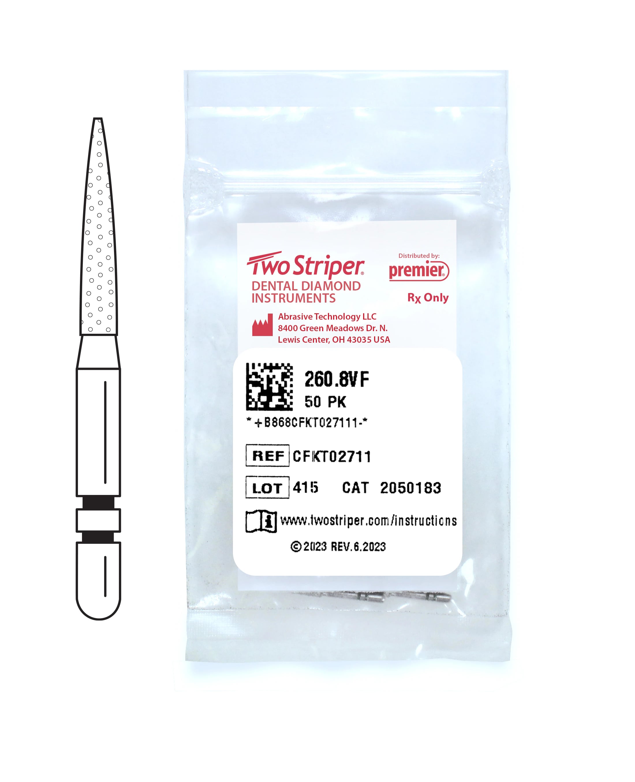 Two Striper® Diamond Bur FG, Very Fine, Flame #260.8VF, 1.4 mm Major/0.4 mm Minor Diameter, 8.0 mm Length, 50/Pkg, 2050183