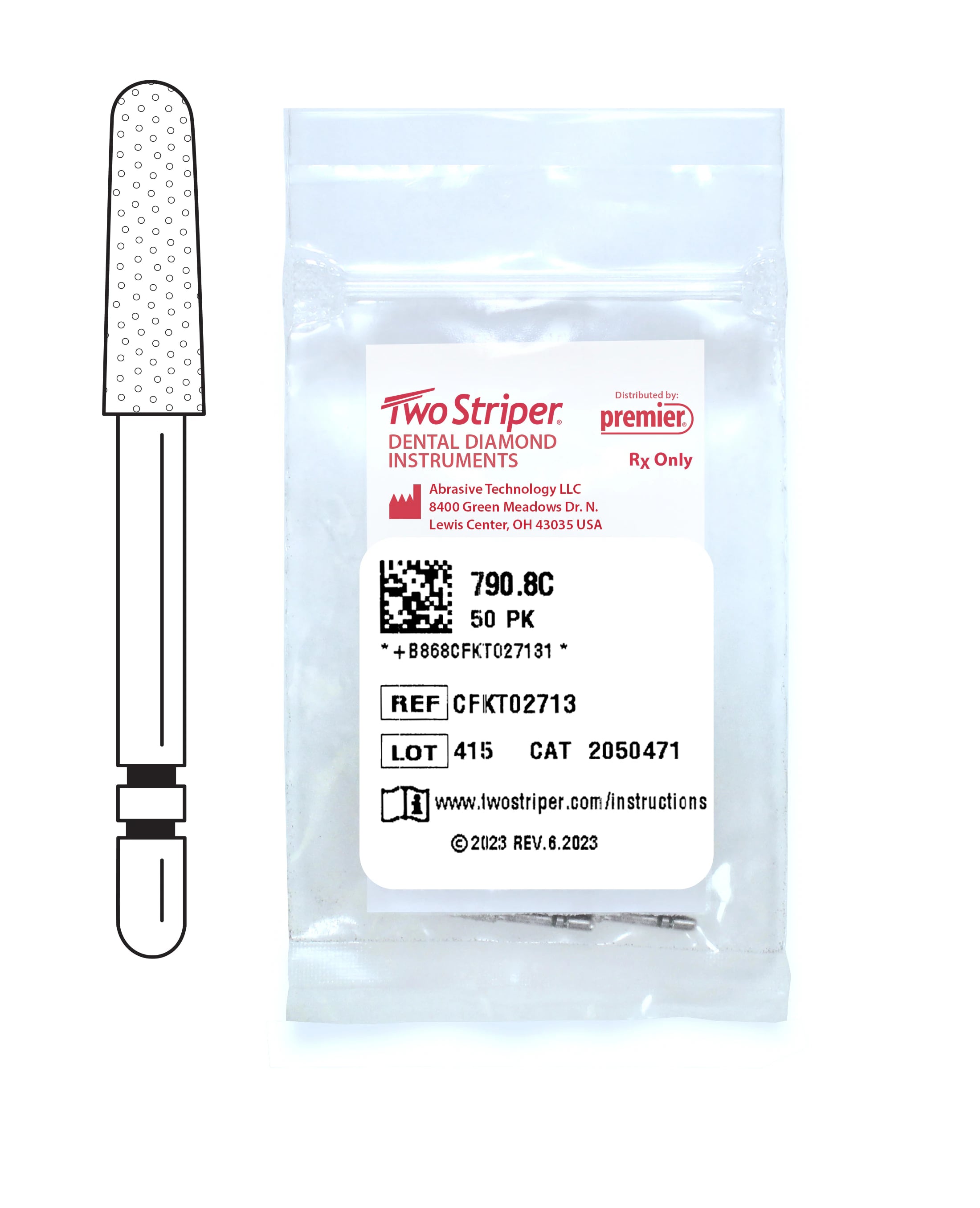 Two Striper Diamond Bur FG, Coarse, Taper Round End, #790.8C, 2.6 mm Major/2.0 mm Minor Diameter, 8.0 mm Length, 50/Pkg, 2050471