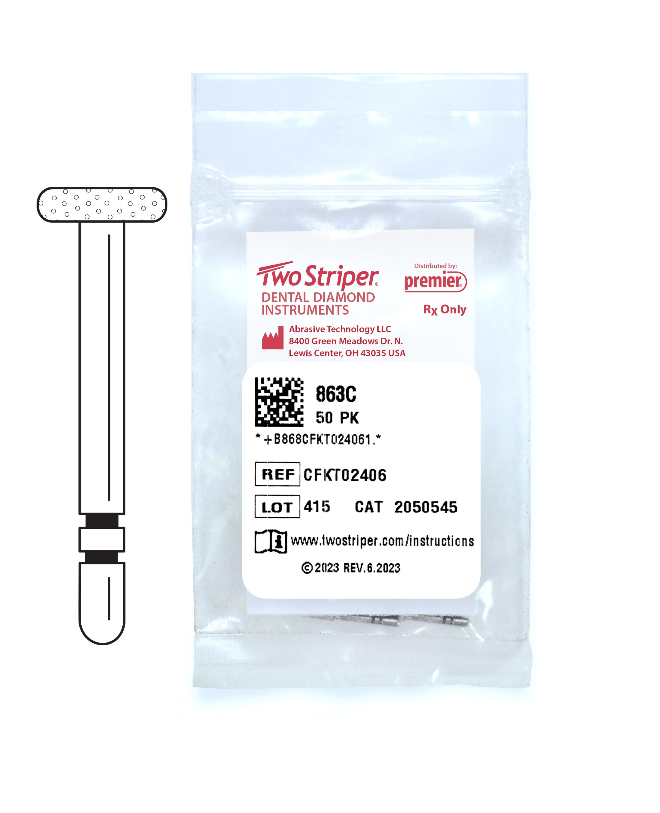 Two Striper® Diamond Bur FG, Coarse, Green, Wheel #863C, 4.7 mm Diameter, 50/Pkg, 2050545
