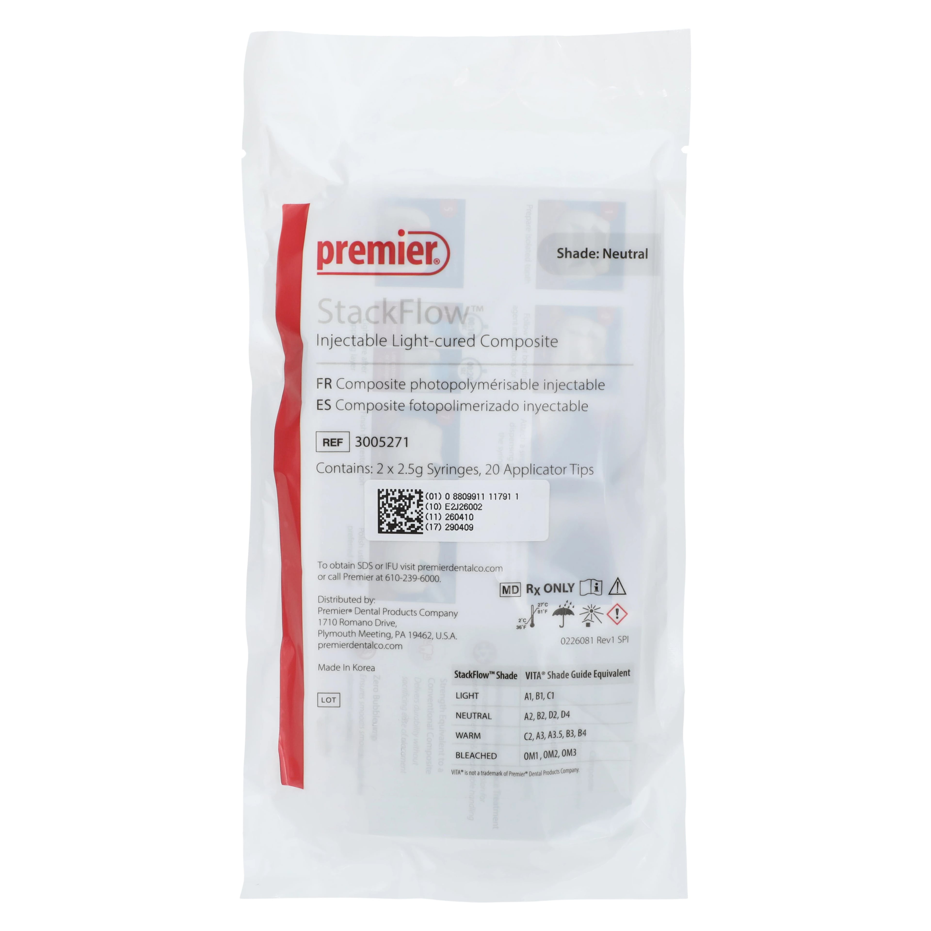 StackFlow™ Injectable Light-Cured Composite, Shade Neutral (A2, B2, D2, D4), 2 x 2.5g Syringes with 20 Tips, Ref 3005271