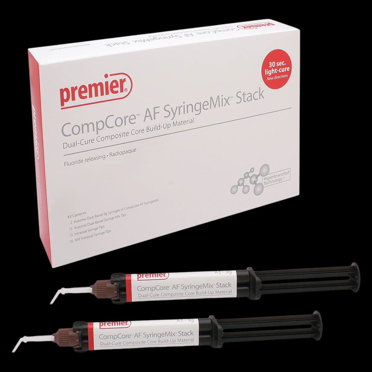 CompCore AF SyringeMix Stack - White Introductory Kit, Dual-Cure Automix Composite Core Build-Up Material, 2 x 9g Syringes, #3001512