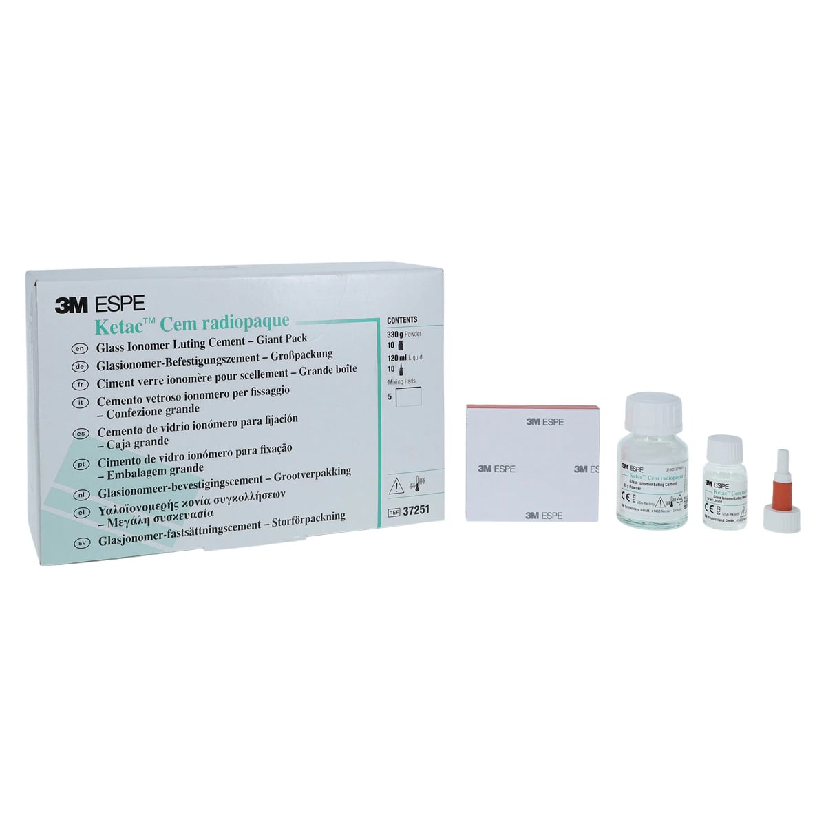 Ketac Cem Radiopaque Glass Ionomer Luting Cement, Giant Pack (10 Powder Bottles, 10 Liquid Vials, 5 Mixing Pads), 37251