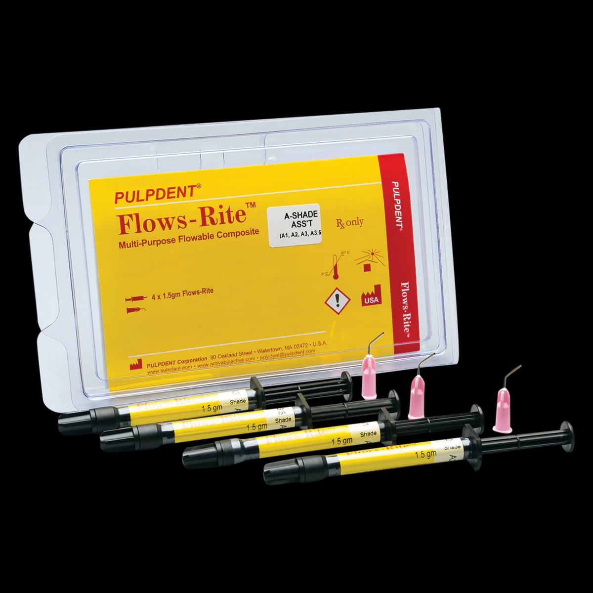 Pulpdent Flows-Rite Flowable Composite Syringe Refill, Shade A3.5, 4 x 1.5g Syringes with 20 Applicator Tips, FKA35