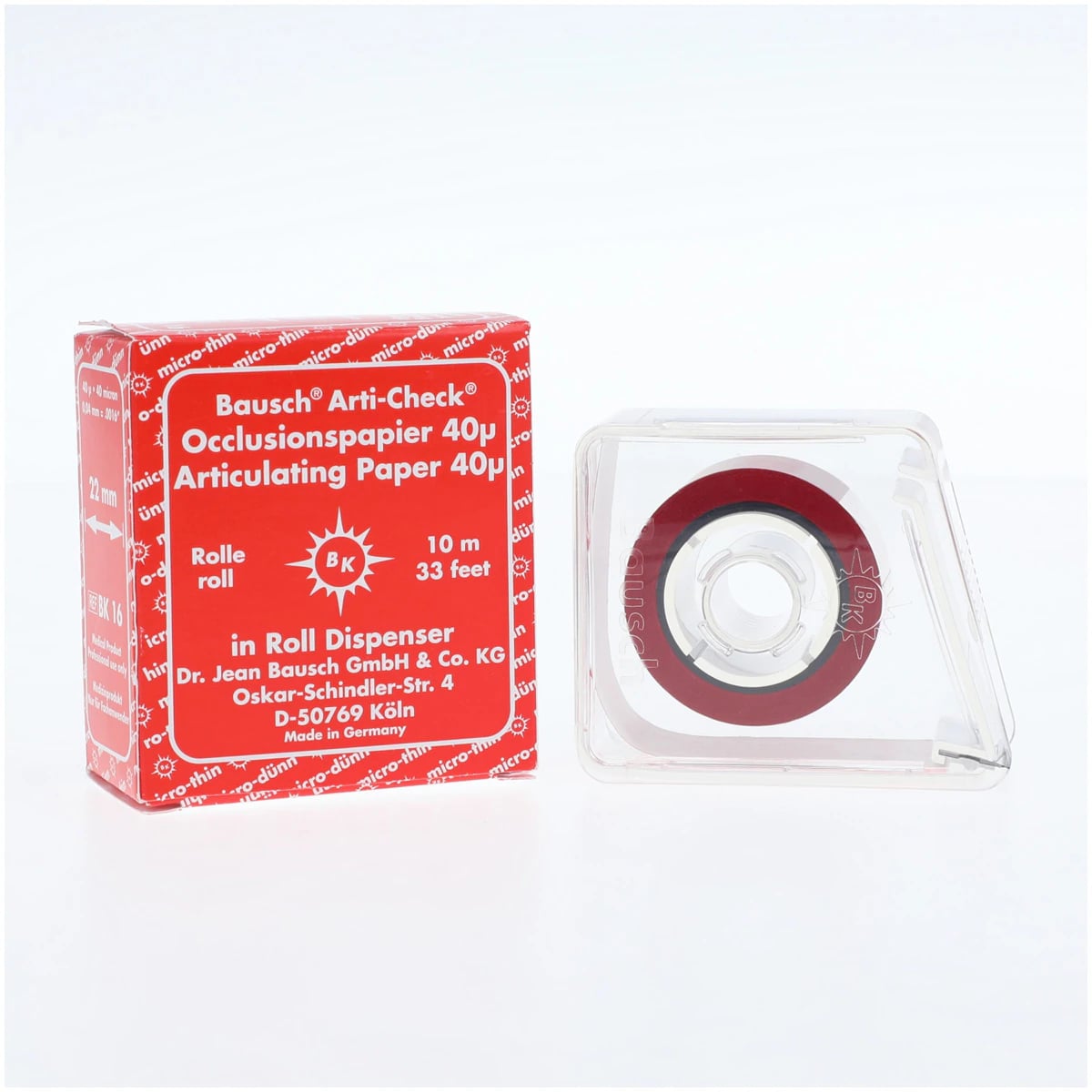 Bausch Arti-Check Articulating Paper Roll, 40 Microns, Red, 22 mm x 10 m, with Dispenser, BK-16