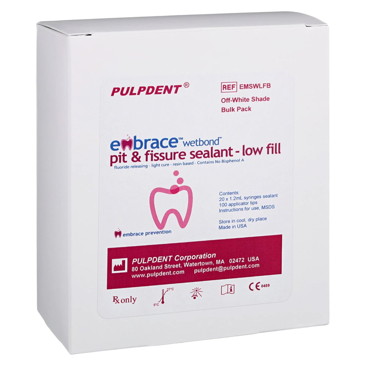 Pulpdent Embrace WetBond Pit & Fissure Sealant Low Fill Bulk Pack, Off-White, 20 x 1.2 mL Syringes, 100 Applicator Tips, EMSWLFB