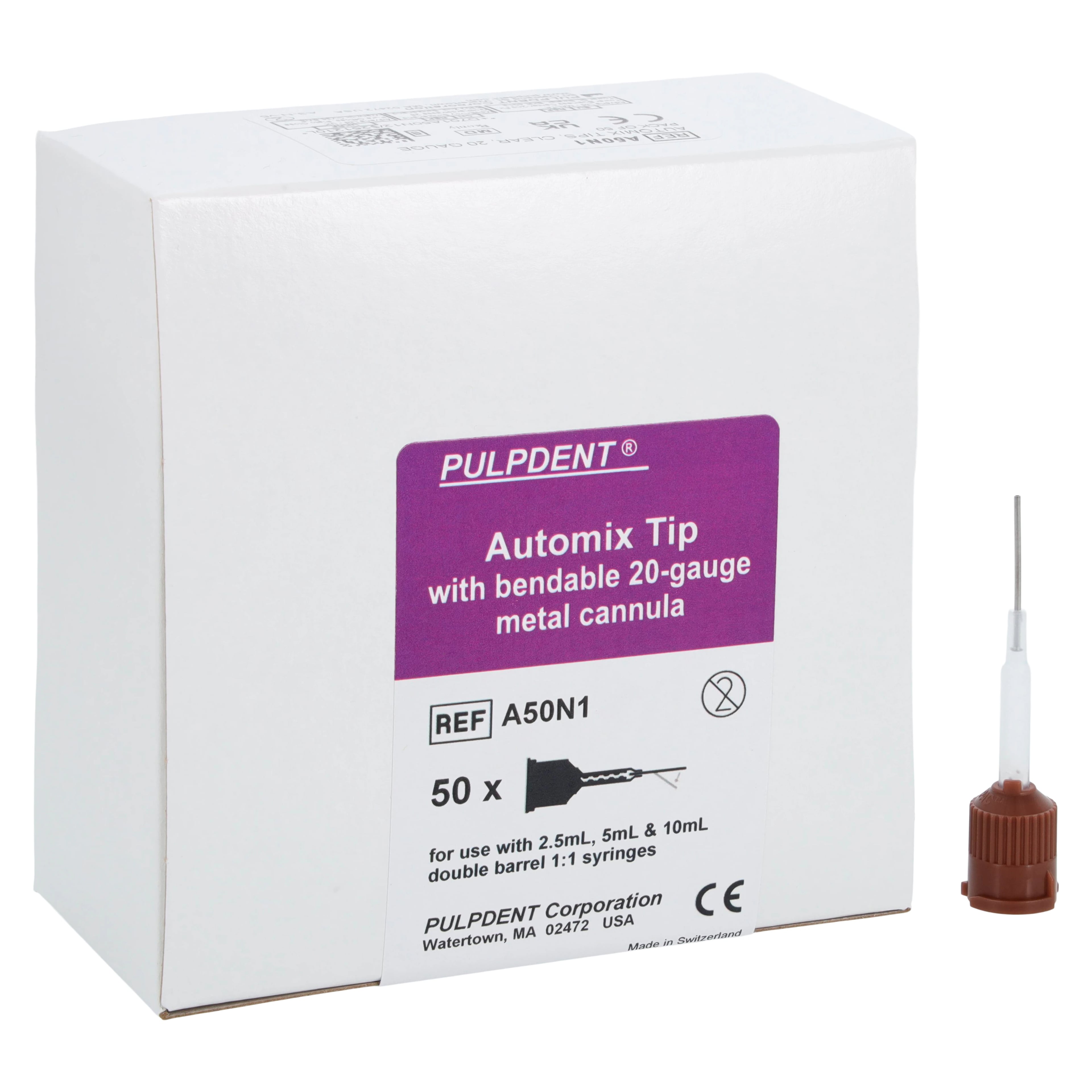 Pulpdent ACTIVA Automix Needle Tips, with Bendable Metal Cannula, 20 Gauge, Brown/Clear, 50/Pk, A50N1