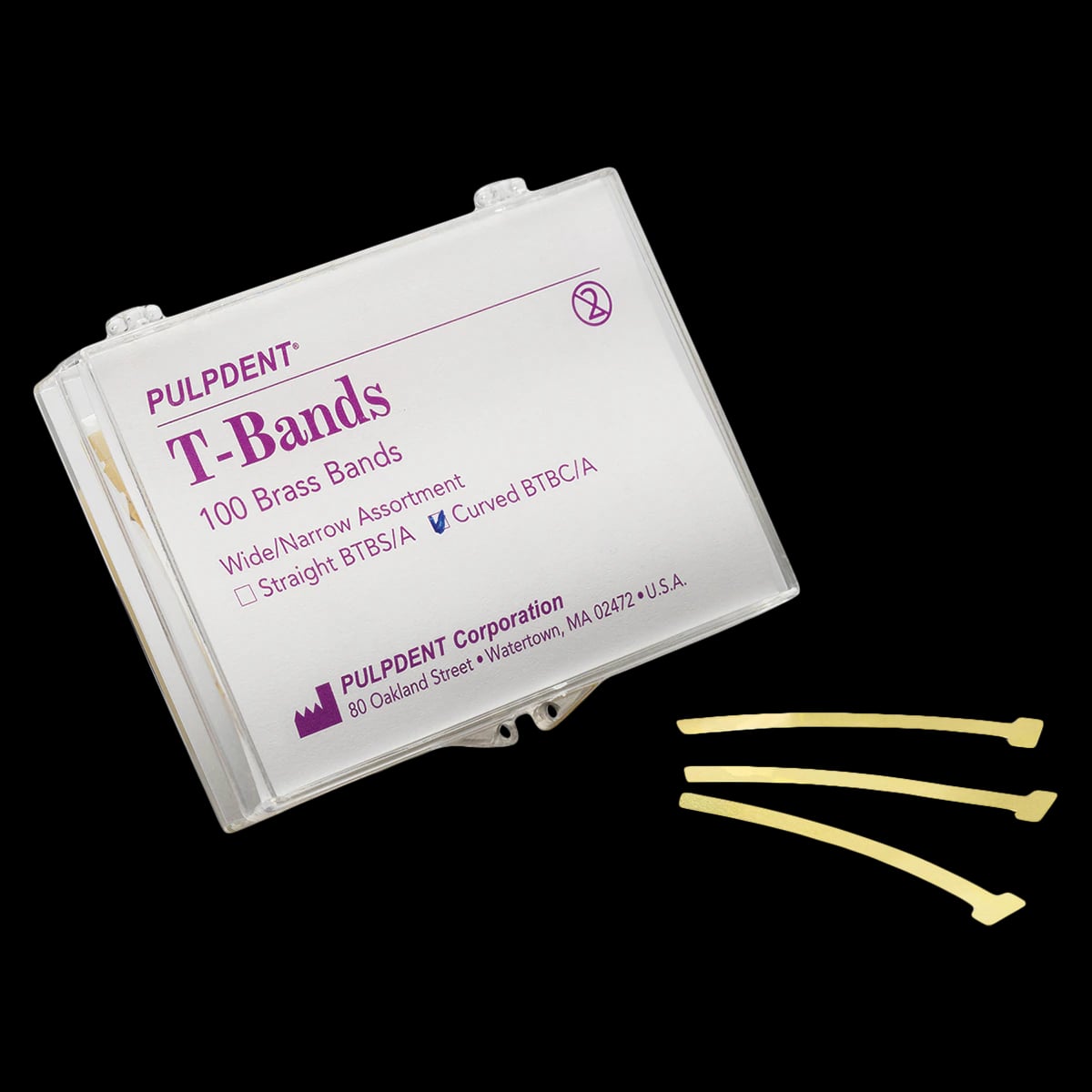 Pulpdent T-Type Matrix Bands, Brass, Curved, Assorted, 0.002" (0.05 mm) Thick, 100/Box, BTBC/A