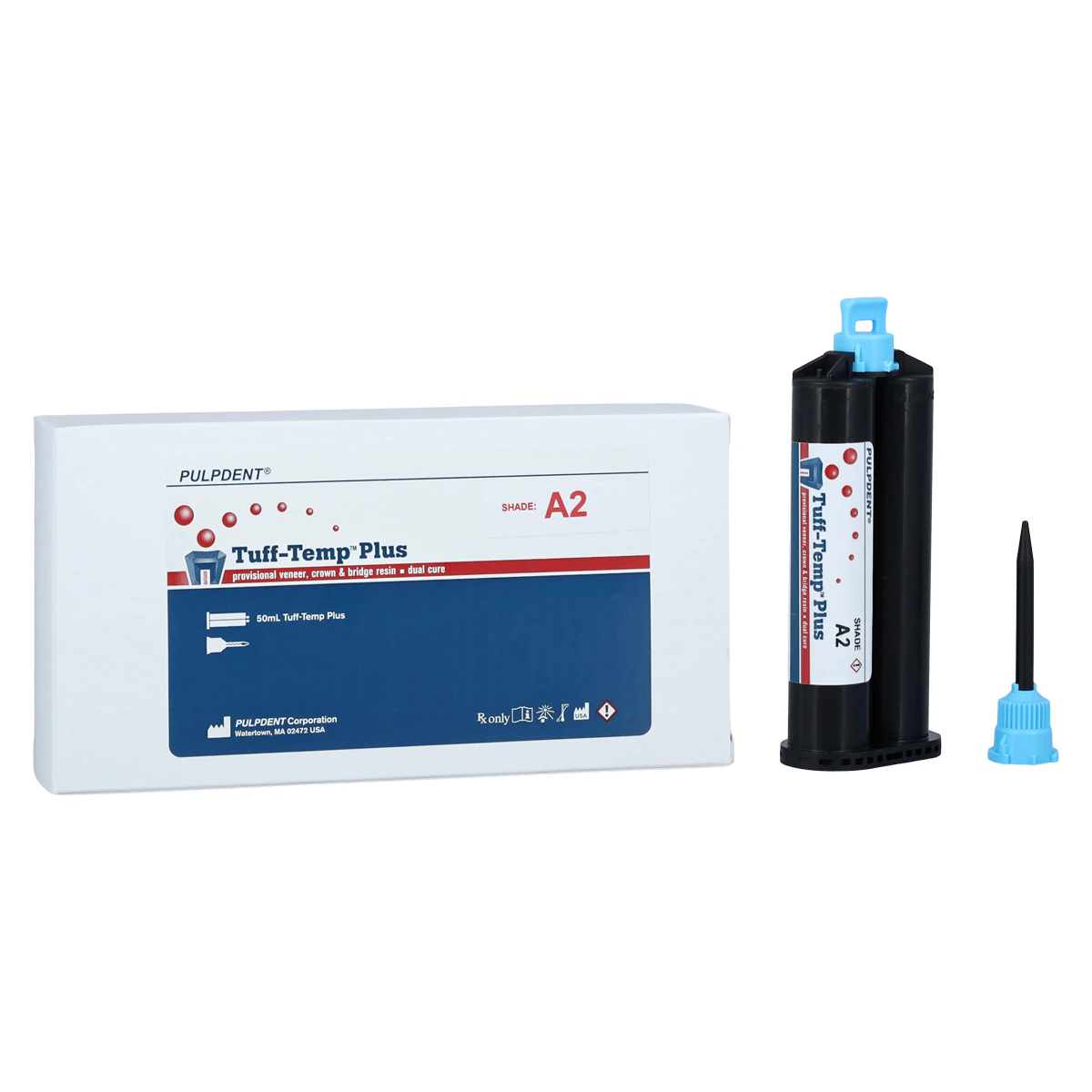 Tuff-Temp Plus Dual-Cure Provisional Crown & Bridge Resin, Shade A2, 50 mL Automix Cartridge Refill with 10 Automix Tips, TTP50A2