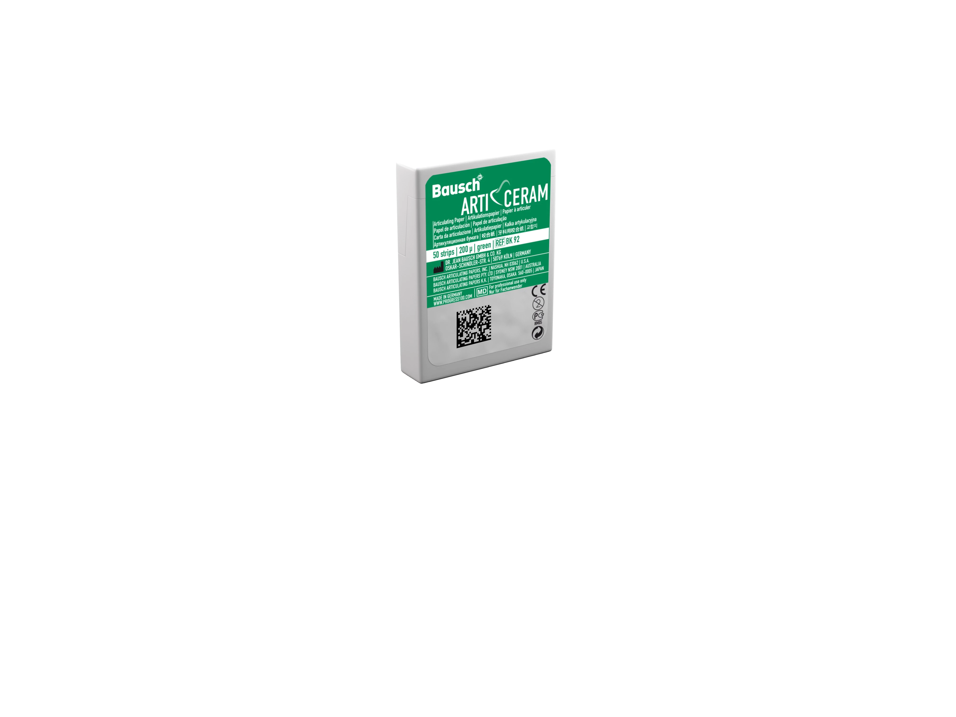 Bausch Arti-Ceram Articulating Paper, Green, 200 Microns, 52 mm x 20 mm, Plastic Dispenser, 50/Box, BK 92