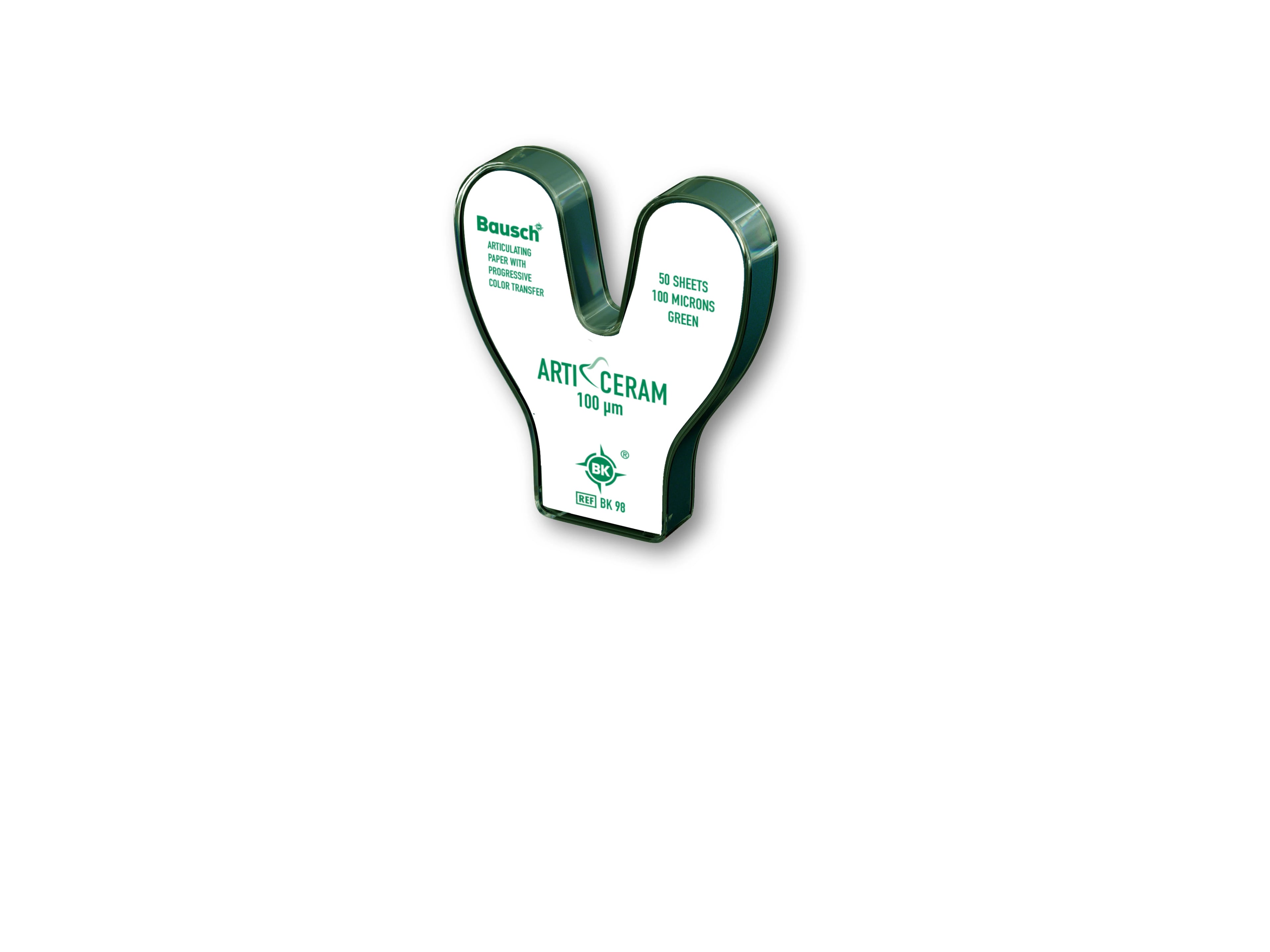 Bausch Arti-Ceram Articulating Paper, 100 Microns, Horseshoe Shape, Green, 52mm x 20mm, 50 Sheets/Box