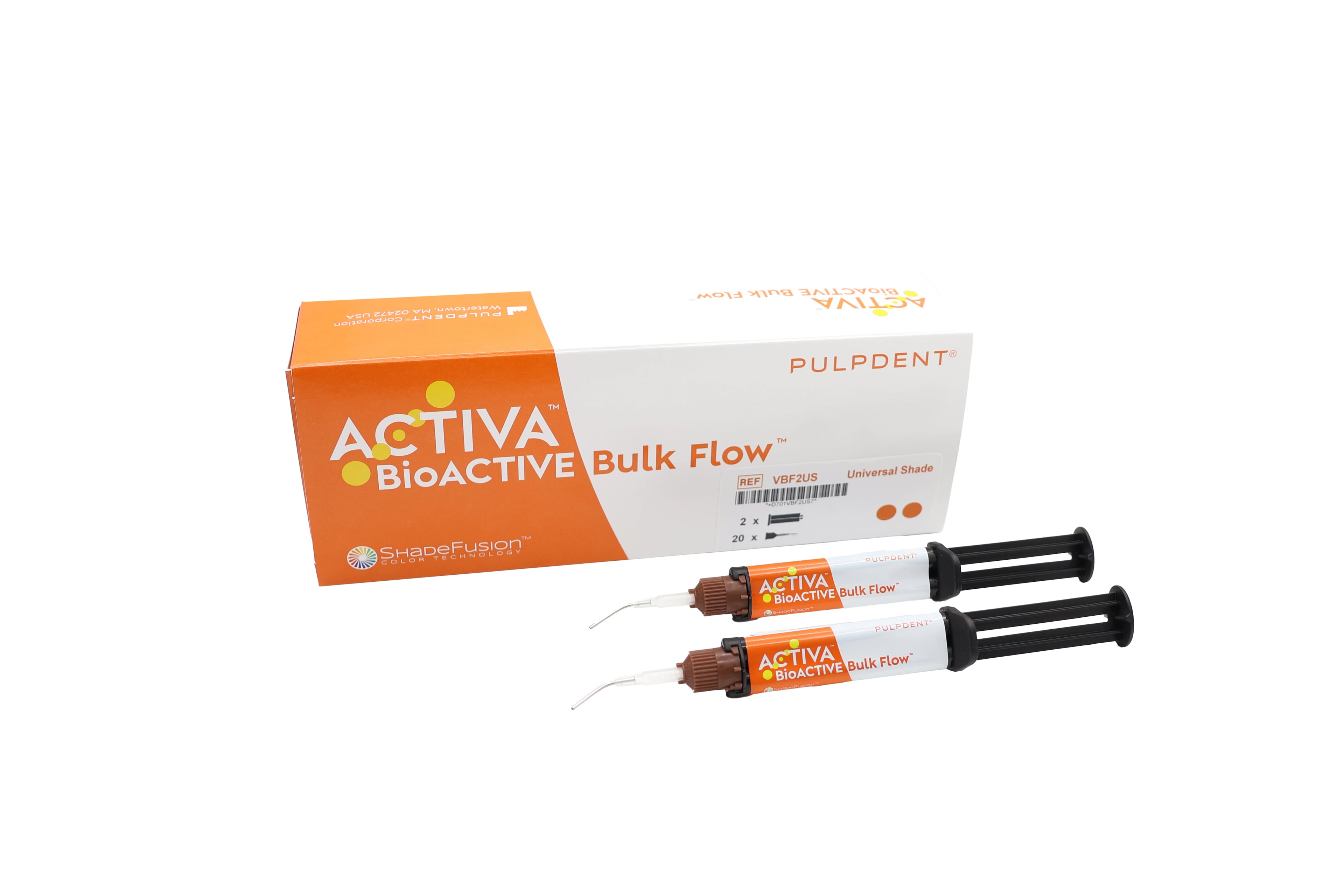 ACTIVA BioACTIVE Bulk Flow Twin Pack Kit, Universal Shade (ShadeFusion), 2×5g/3mL Syringes + 20 Automix Tips, VBF2US