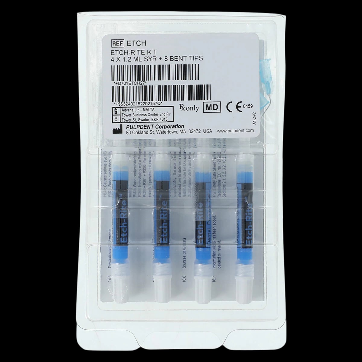 Etch-Rite Dental Etching Gel, 38% Phosphoric Acid, Standard Kit, 4 x 1.2 mL Syringes with 8 Pre-Bent Applicator Tips, ETCH