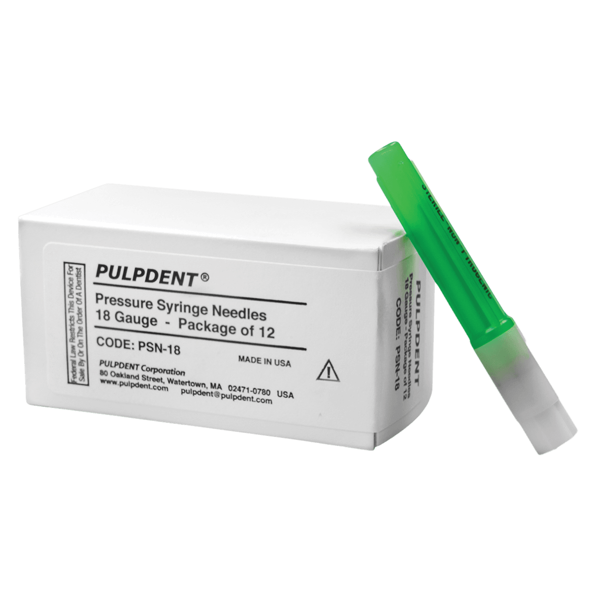 Pulpdent Pressure Syringe Needle, 18 Gauge x 1-1/4", Green, Disposable, 12/Box (PSN-18)