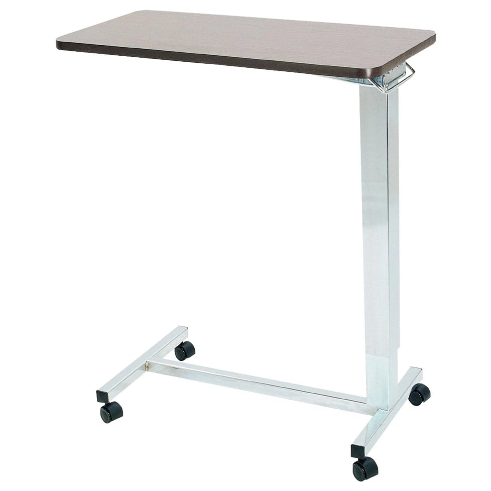 Novum Med Products Overbed Table, 15" x 30" Walnut Top, Automatic Height Adjustment