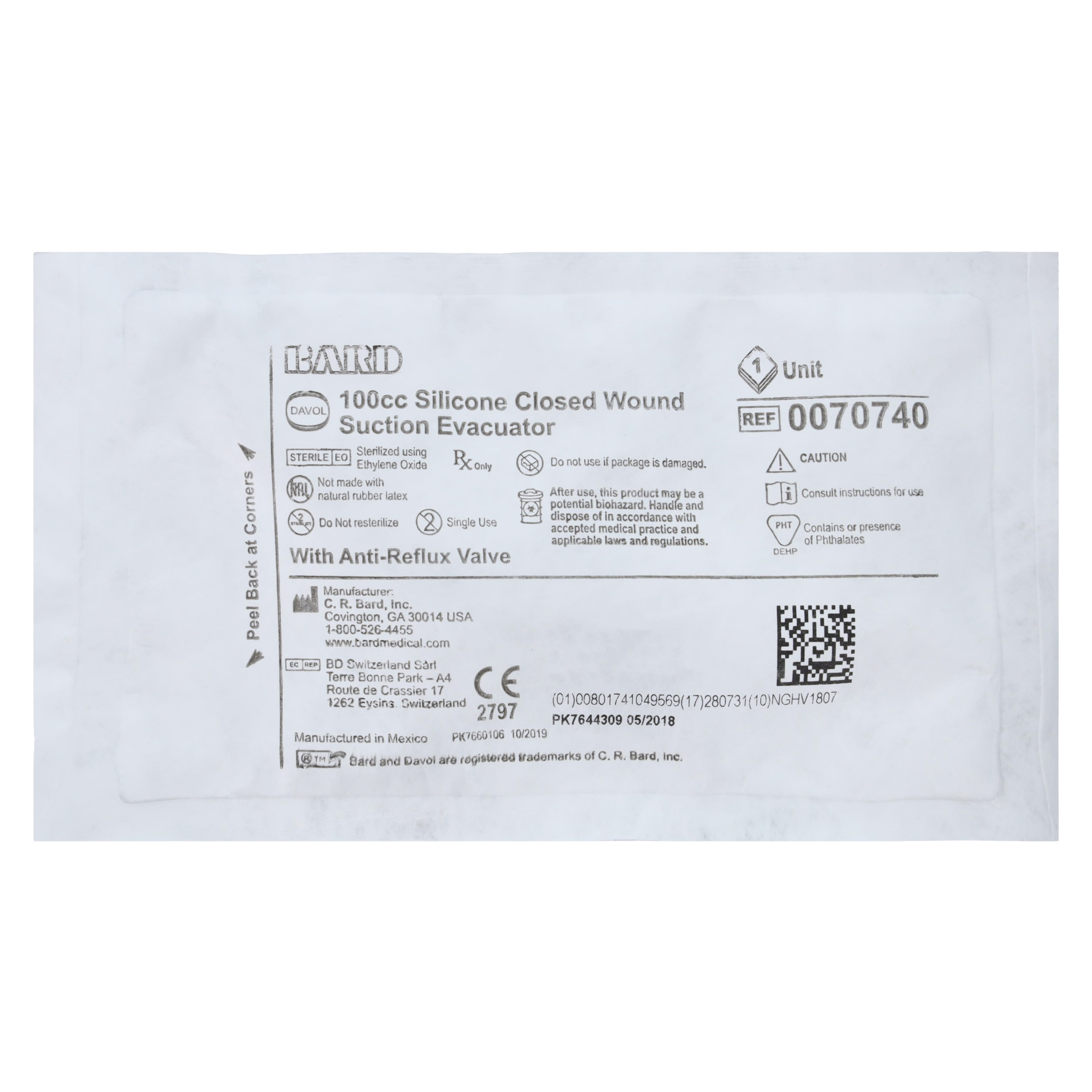 Bard Medical Silicone Bulb Wound Evacuator, 100 mL, Clear