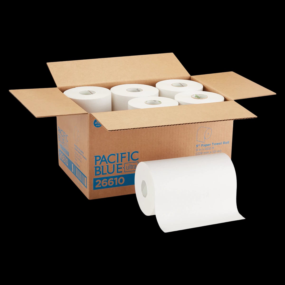Georgia-Pacific Pacific Blue Ultra Hardwound Roll Towel, 1-Ply, White, 9" x 400 ft, 6 Rolls/Case, 26610