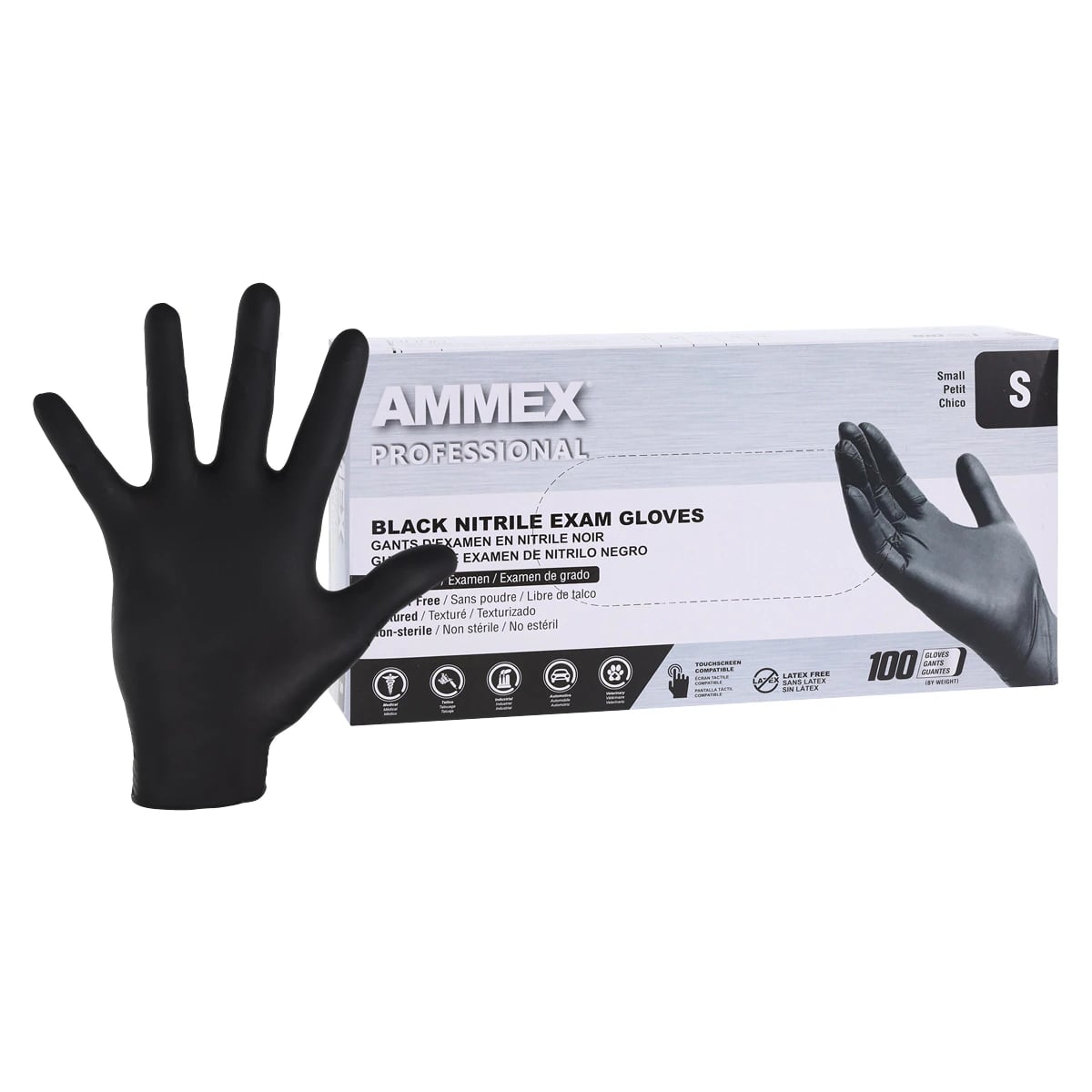 Ammex Black Nitrile Exam Gloves, Powder Free, Non-Sterile, Small, 100/Box