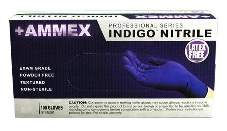 Ammex Indigo Nitrile Exam Gloves, Powder Free, Latex Free, Non-Sterile, Textured, Large, 100/Box