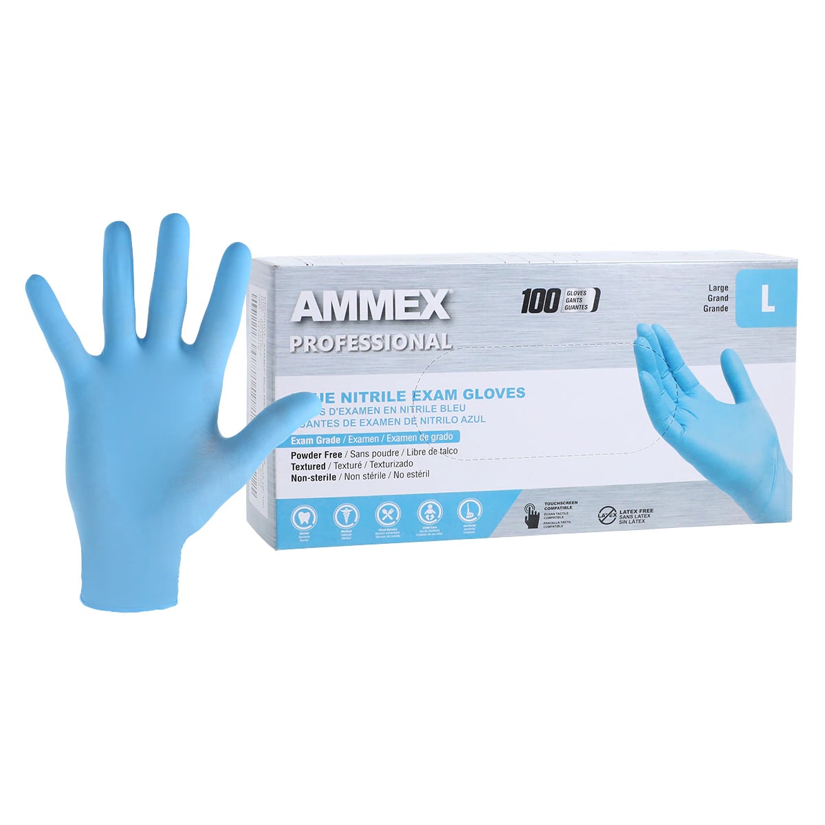 Ammex Professional Blue Nitrile Exam Gloves, Powder Free, Latex Free, Non-Sterile, Textured, Large, 100/Box