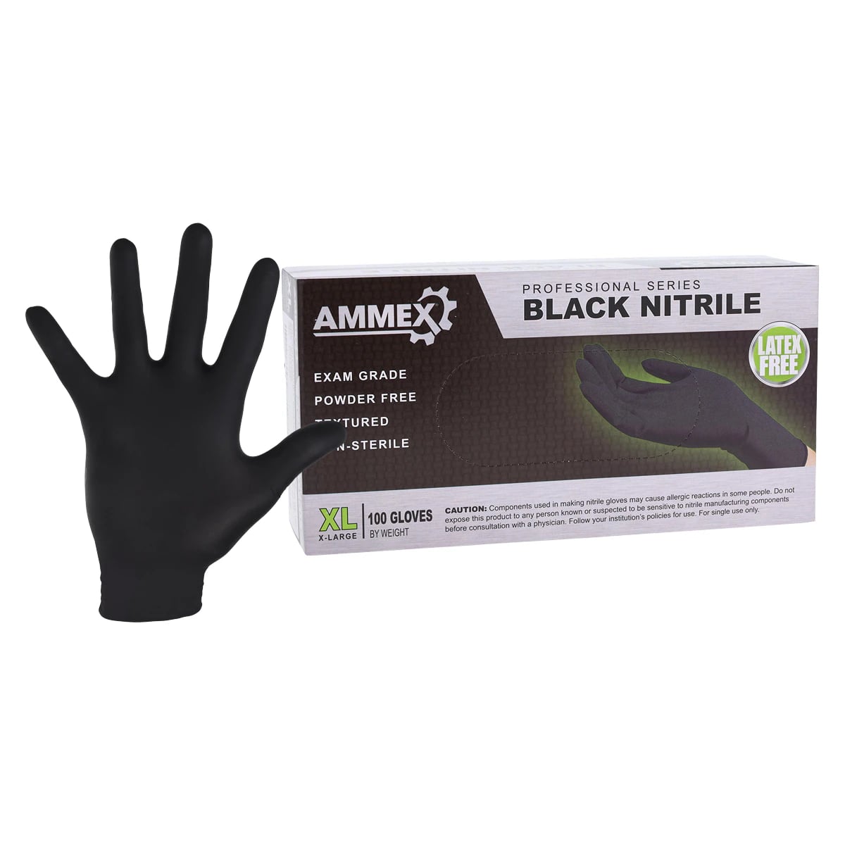 Ammex® Nitrile Exam Gloves, Powder Free, Latex Free, Non-Sterile, Extra Large, Black, Textured, Touchscreen Compatible, 100/Box