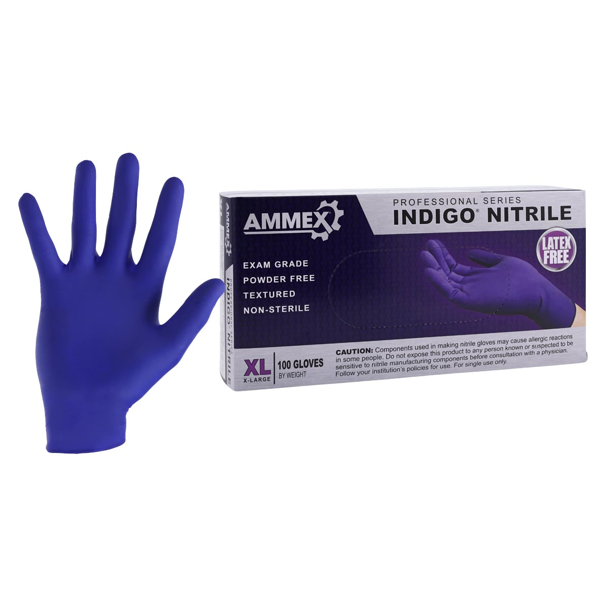 Ammex Indigo Nitrile Exam Gloves, Powder Free, Latex Free, Non-Sterile, X-Large, Textured, 100/Box