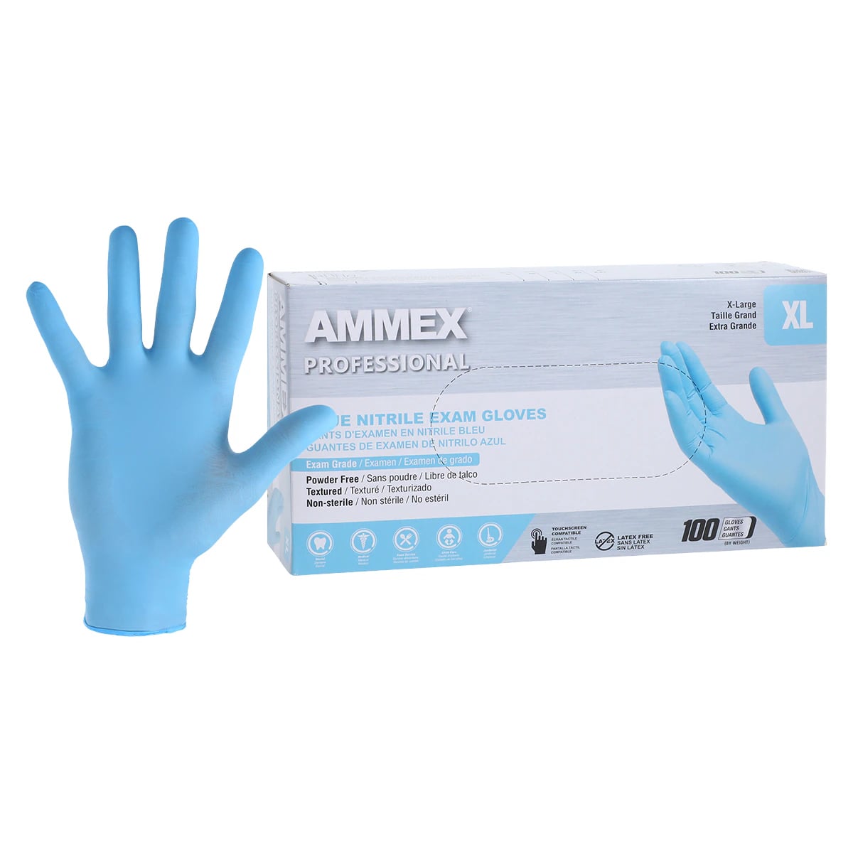 +AMMEX Nitrile Exam Gloves, Powder Free, Non-Sterile, Extra Large, Blue, 100/Box