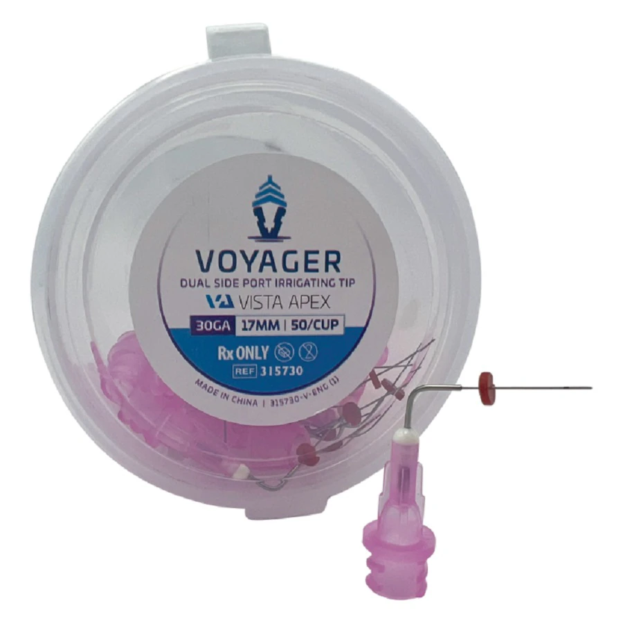 Voyager Pre-Bent Dual Side Port Irrigating Tips, 30 Gauge, 17mm, Pink, 50/Pk, #315730