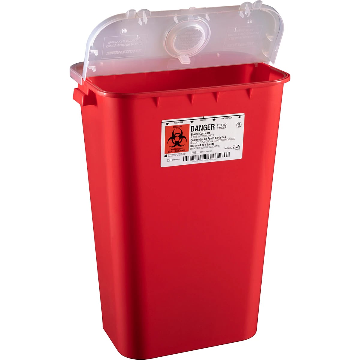 Sentinel Sharps Container, 11 Gallon, Red, Separate Round Opening, Translucent Hinge Lid, Molded-In Handles, 6/Case