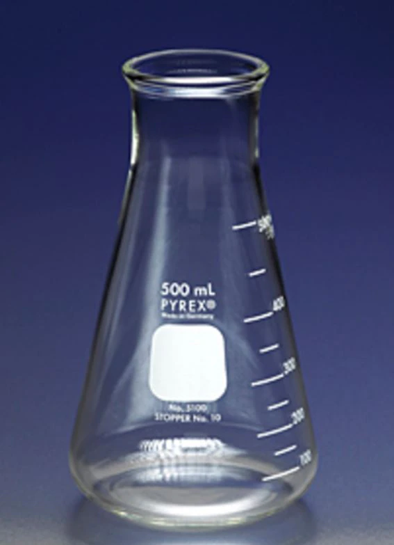 Pyrex Erlenmeyer Flask, Borosilicate Glass, 500mL, Wide Mouth, Heavy-Duty Rim, No Cap, Clear, Graduated, 36/Case