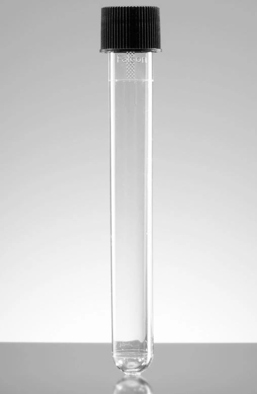 Falcon 16mL Polystyrene Test Tube, 16x125mm, Clear with Black Screw Cap, Round Bottom, Sterile, Individually Wrapped, 500/Case