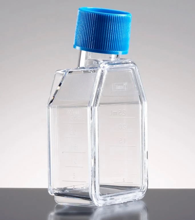 Falcon Cell Culture Flask, Polystyrene, 25mL, Rectangular Canted Neck, 12.5cm, Plug Seal Screw Cap, Clear, Graduated, Sterile, 100/Case