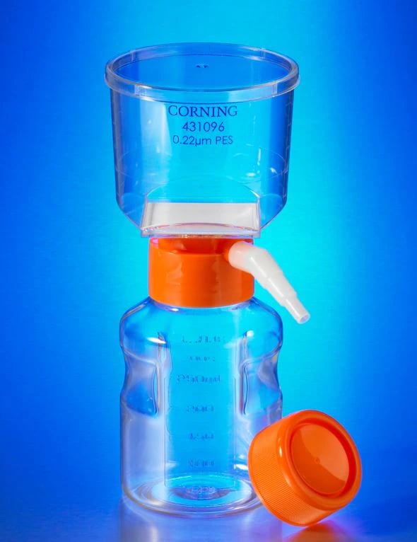 Corning Lifesciences Filter/Storage Bottle System, Cellulose Acetate Cap, 150mL, with Angled Hose Connector, 12/Case