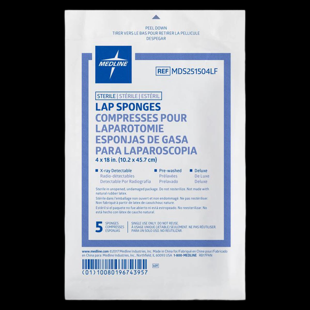 Medline Pre-Washed Laparotomy Sponge, 4x18", Sterile, X-Ray Detectable