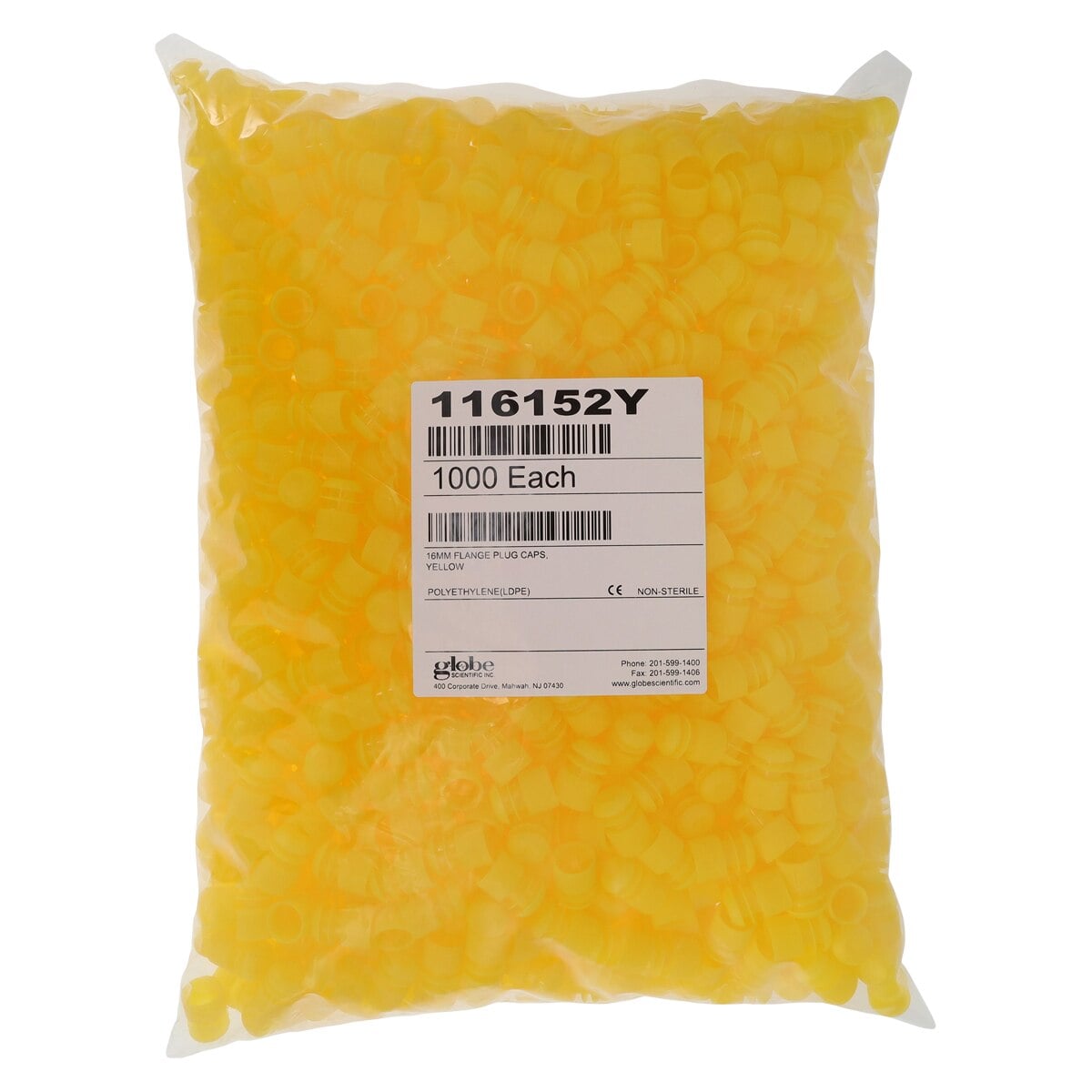 Globe Scientific Flange Plug Cap, Polyethylene, Yellow, 16mm, 1000/Bag