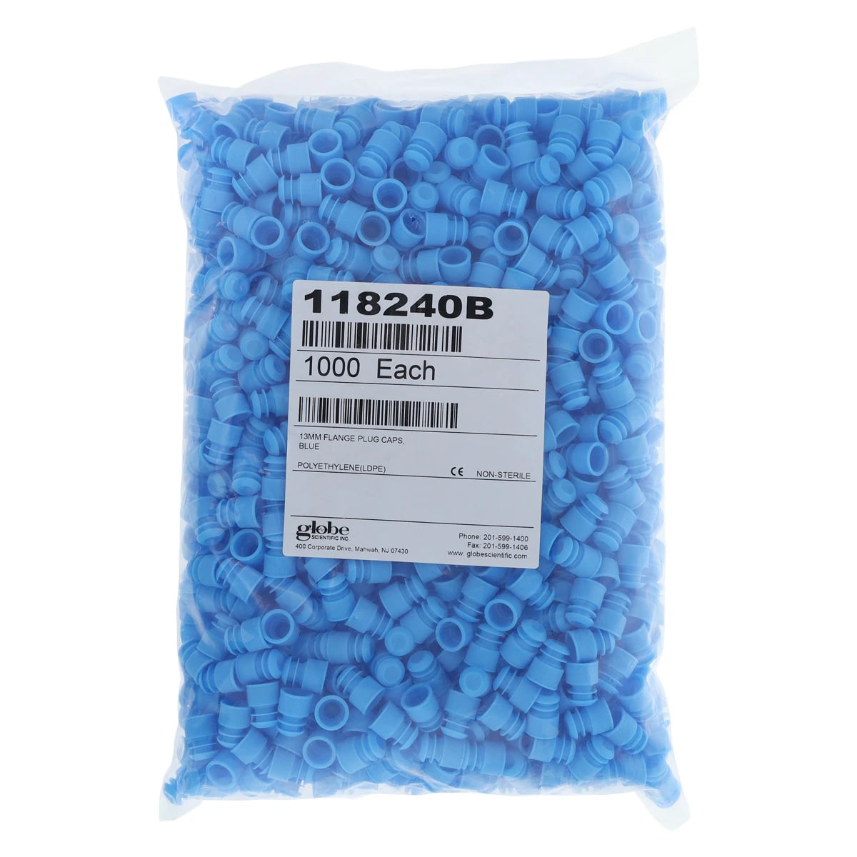 Globe Scientific Flange Plug Cap, Polyethylene, Blue, 13mm, 1000/Bag