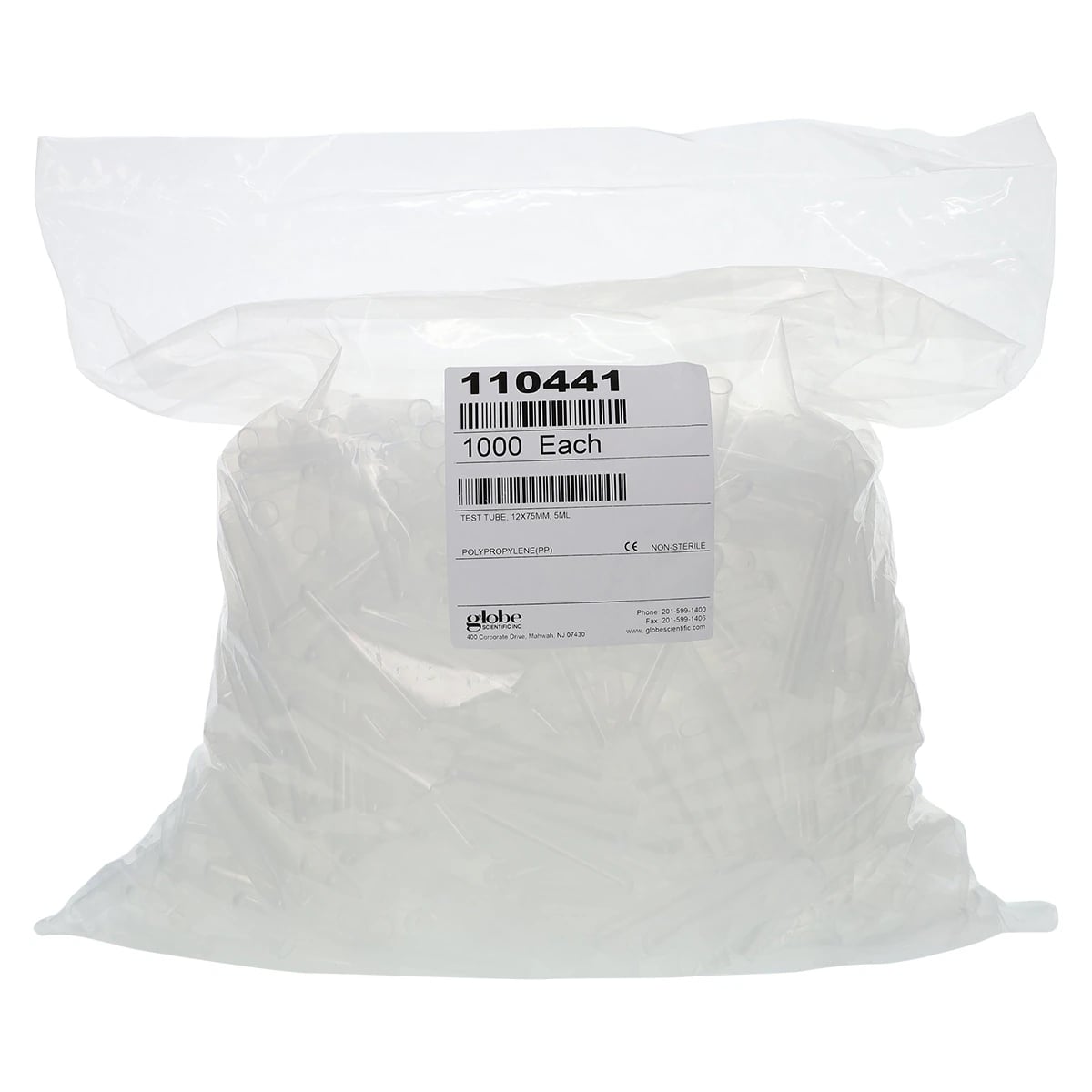 Globe Scientific Polypropylene Test Tubes, 5mL, 12x75mm, No Closure, Non-Sterile, Disposable, 1000/Pk