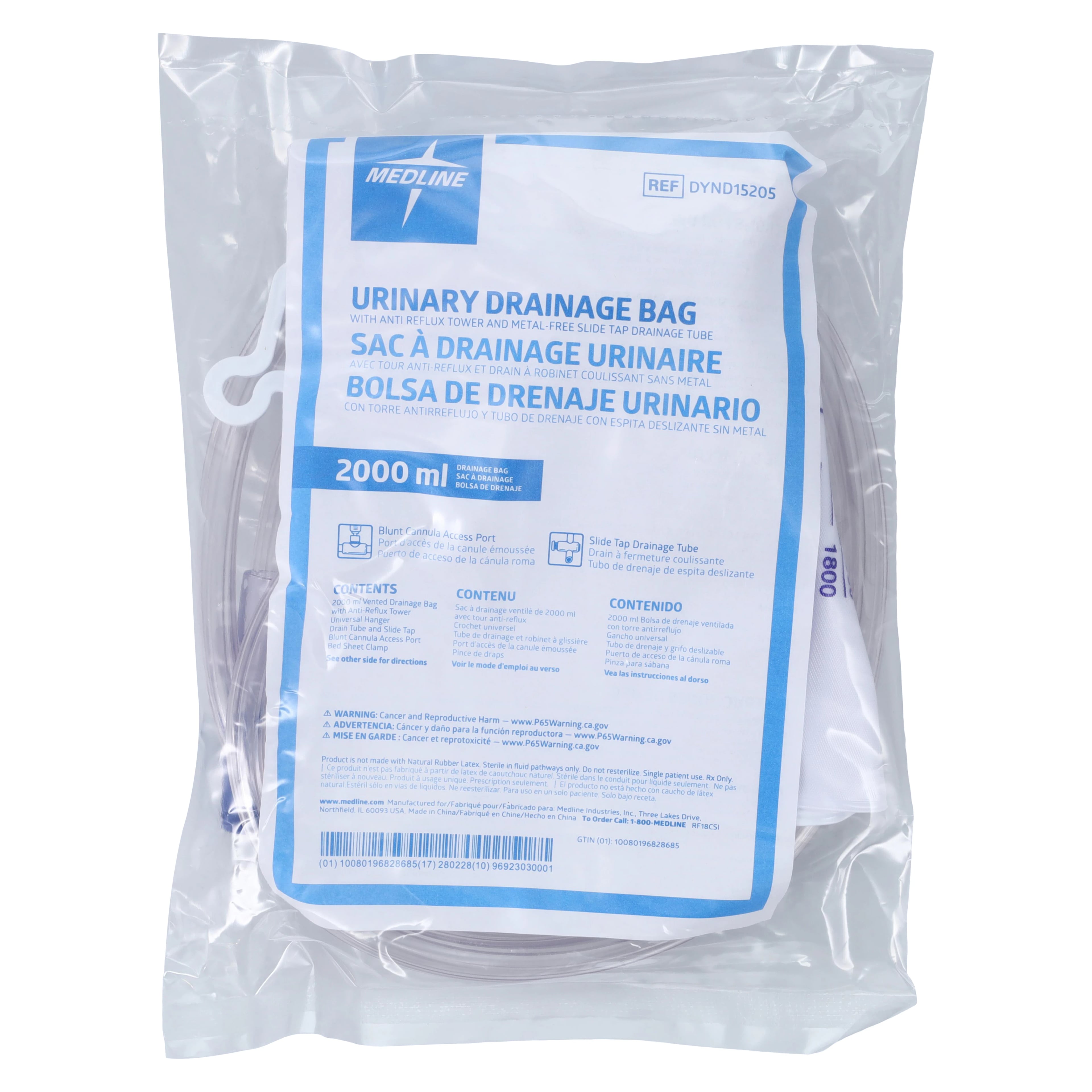 Medline Urinary Drainage Bag, 2000cc, Disposable, Anti-Reflux Tower