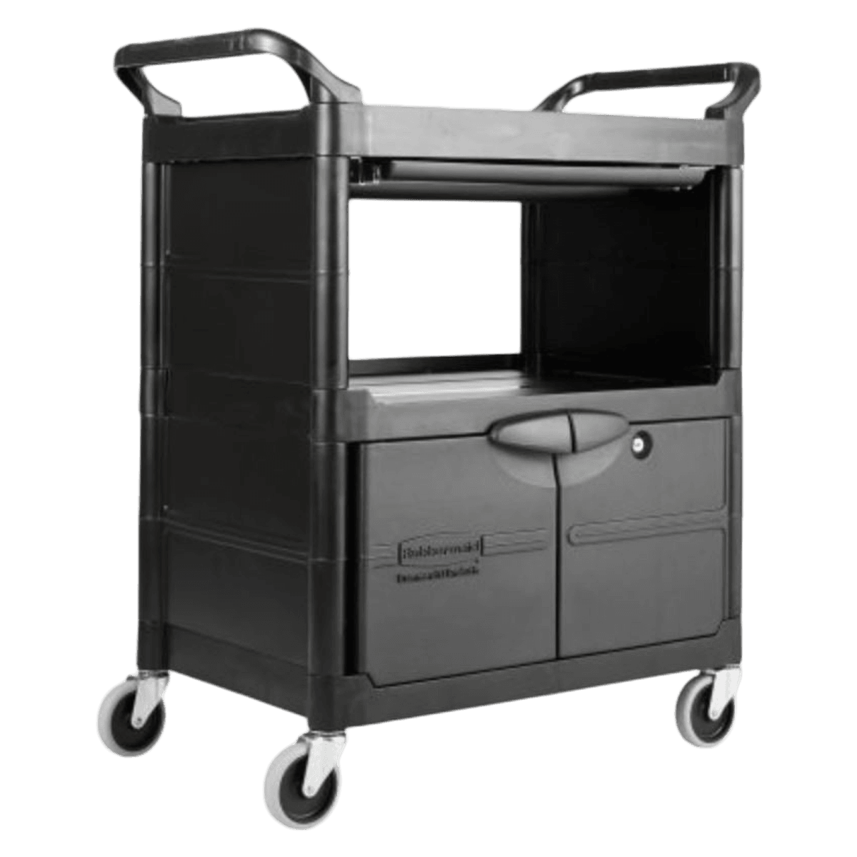 Rubbermaid Commercial Utility Cart with Locking Doors and Sliding Drawer