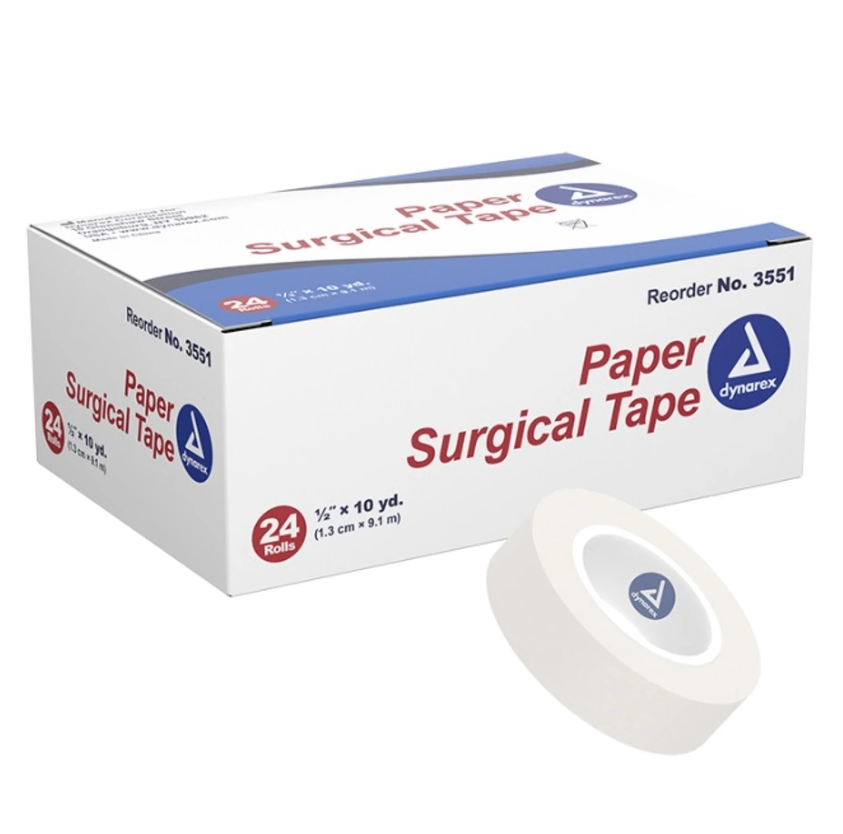 Dynarex Surgical Paper Tape, White, 0.5" x 10 yd, Non-Sterile, 24/Box