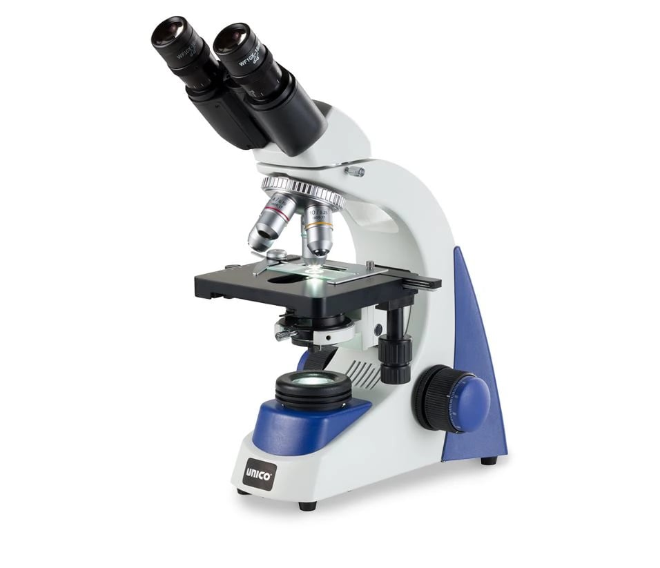 Unico Binocular Microscope with Plan Objectives, 4X/10X/40X/100X, Mechanical Stage, LED, Iris Diaphragm